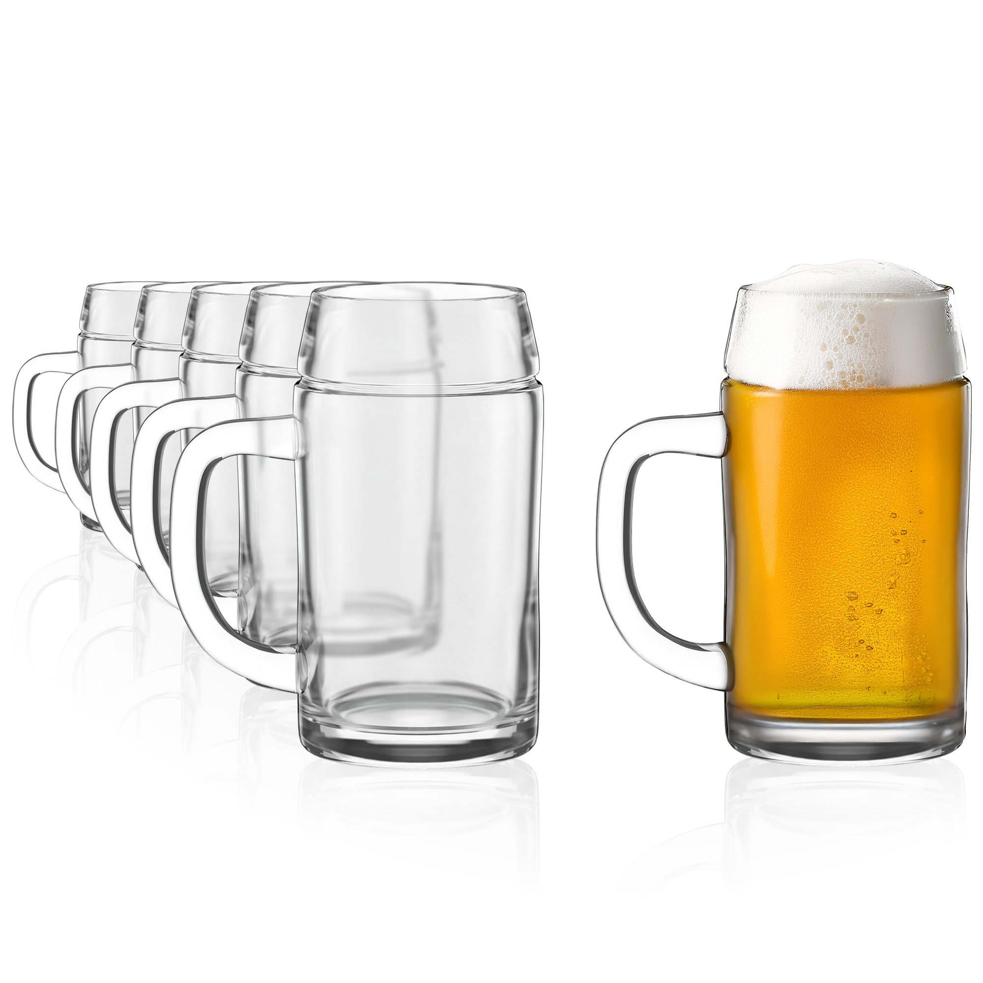 Set von sechs Bierkrügen aus Glas mit einem gefüllten Krug für gesellige Anlässe