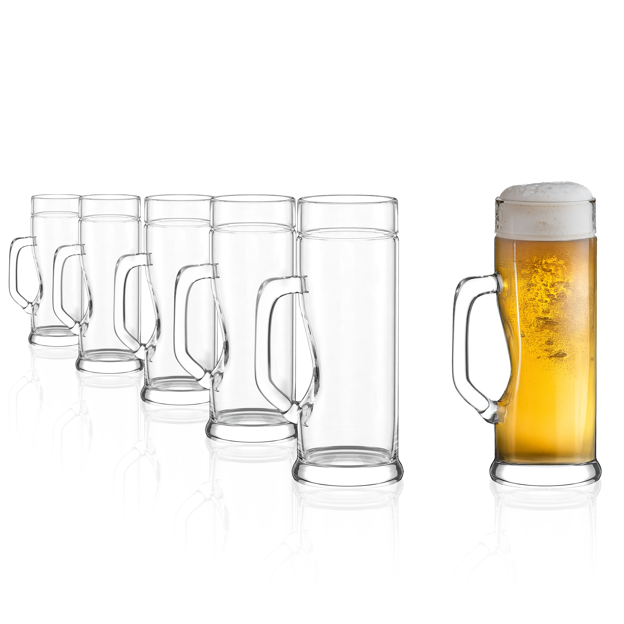 Set von sechs Bierkrügen mit Henkel premium, einer mit frisch gezapftem Bier und Schaumkrone