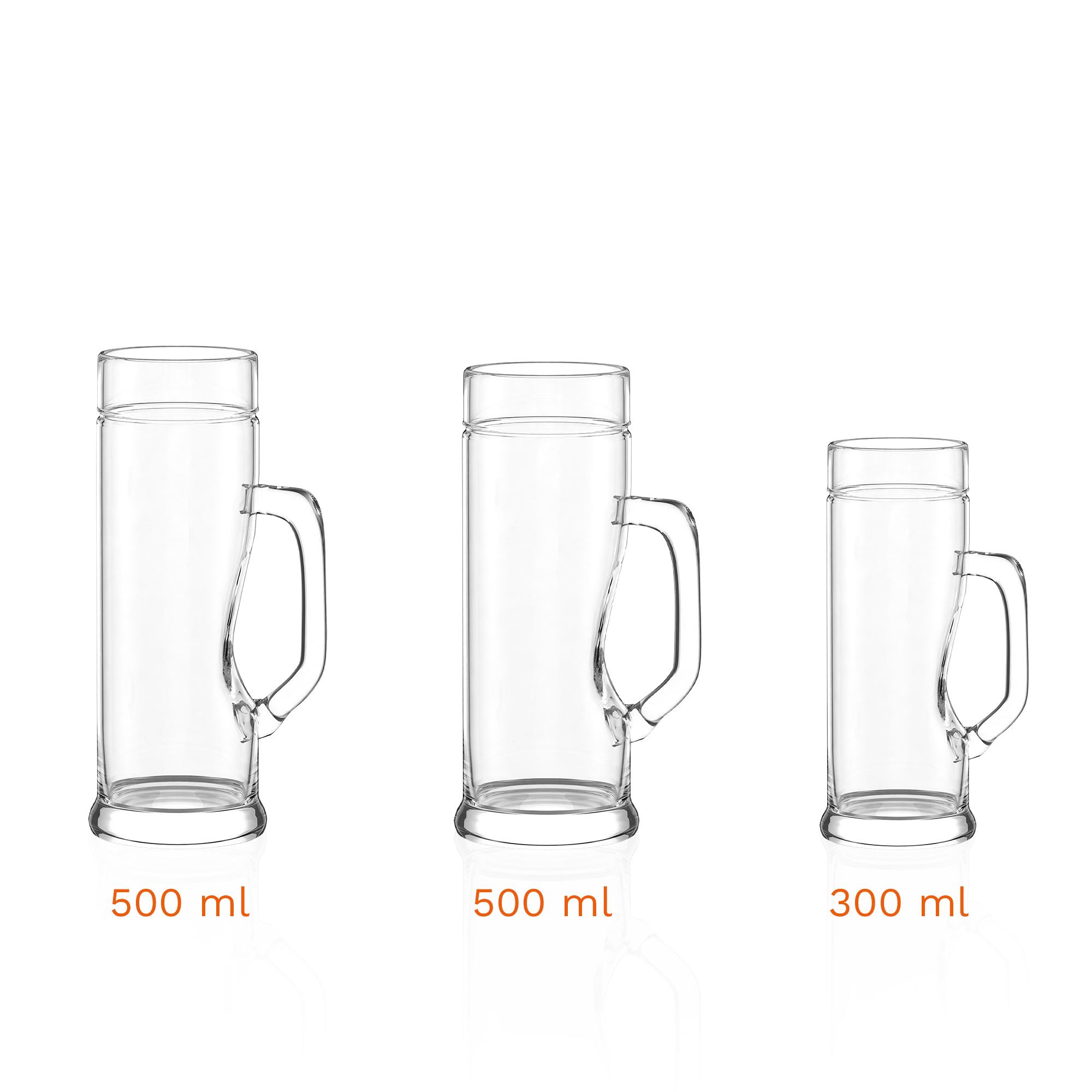 Drei transparente Bierkrüge mit Henkel premium in verschiedenen Größen: 500 ml und 300 ml.