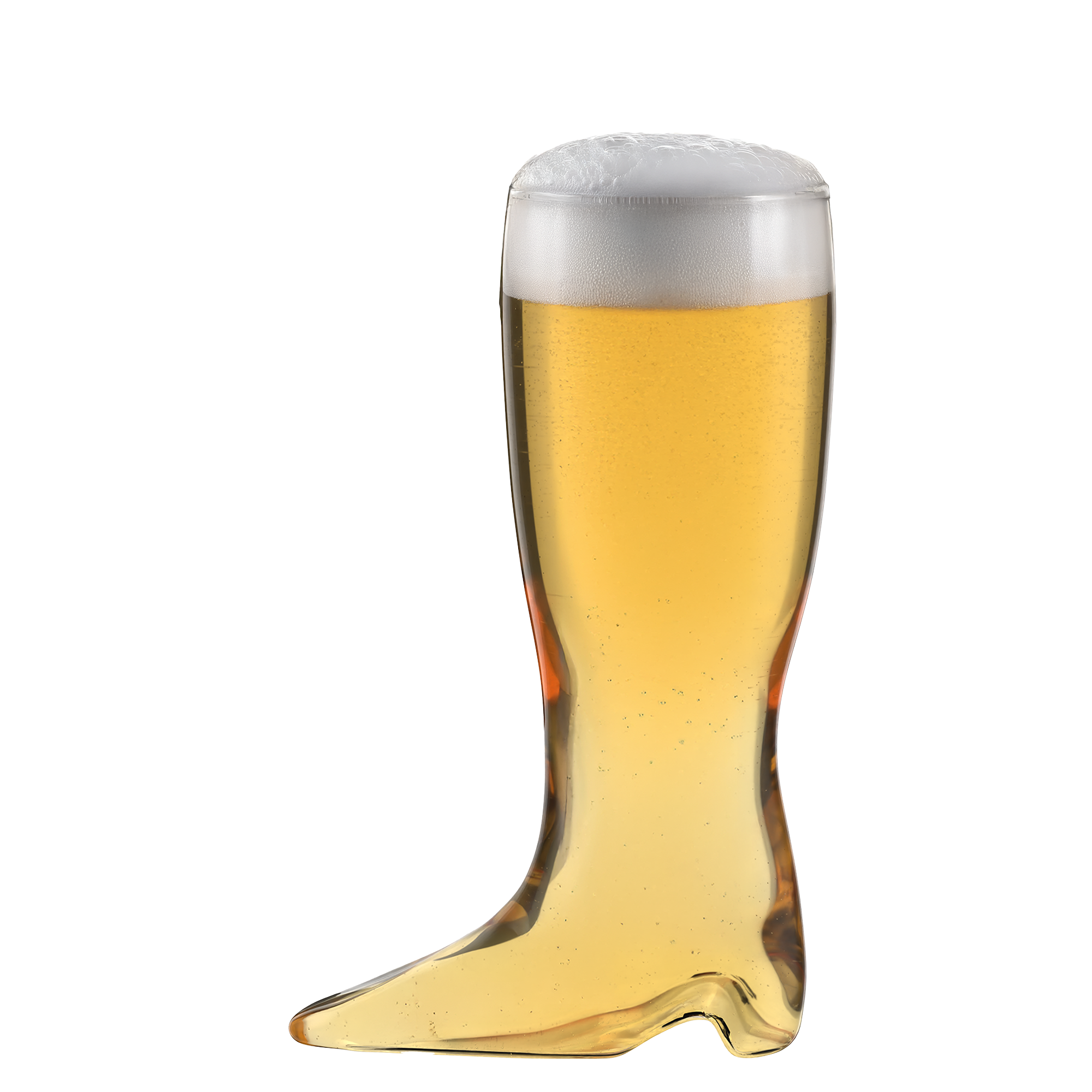 Bierstiefel mundgeblasen aus Glas mit frisch gezapftem Bier und schaumiger Krone