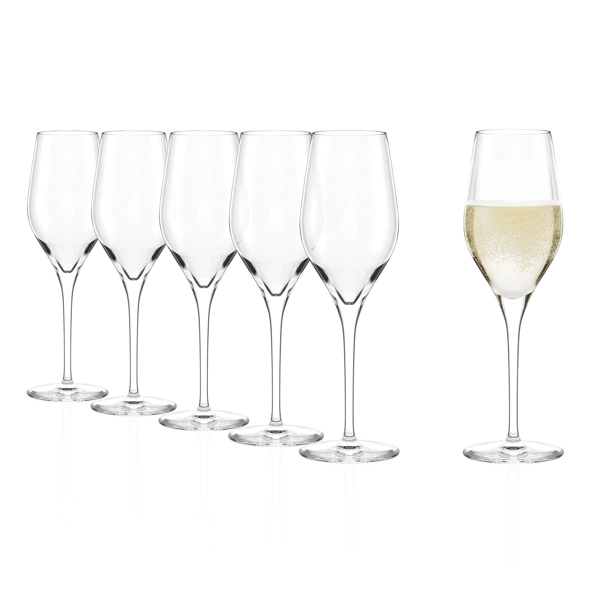 Stölzle Lausitz Champagnerglas Made in Germany im 6er Set mit einem gefüllten Glas