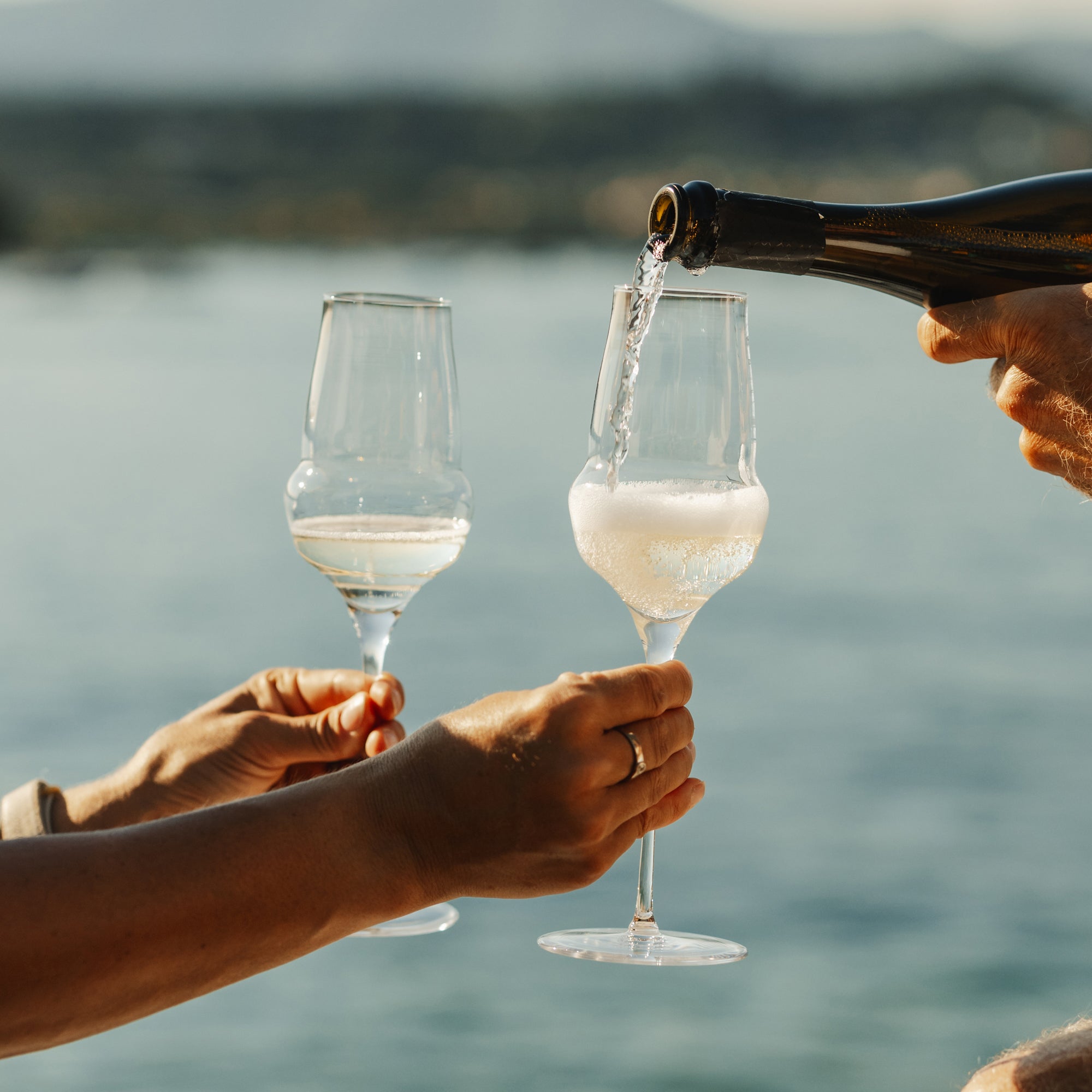 Stölzle Lausitz Cocoon Champagnerglas 2er Pack mit Sekt wird am Wasserufer eingeschenkt