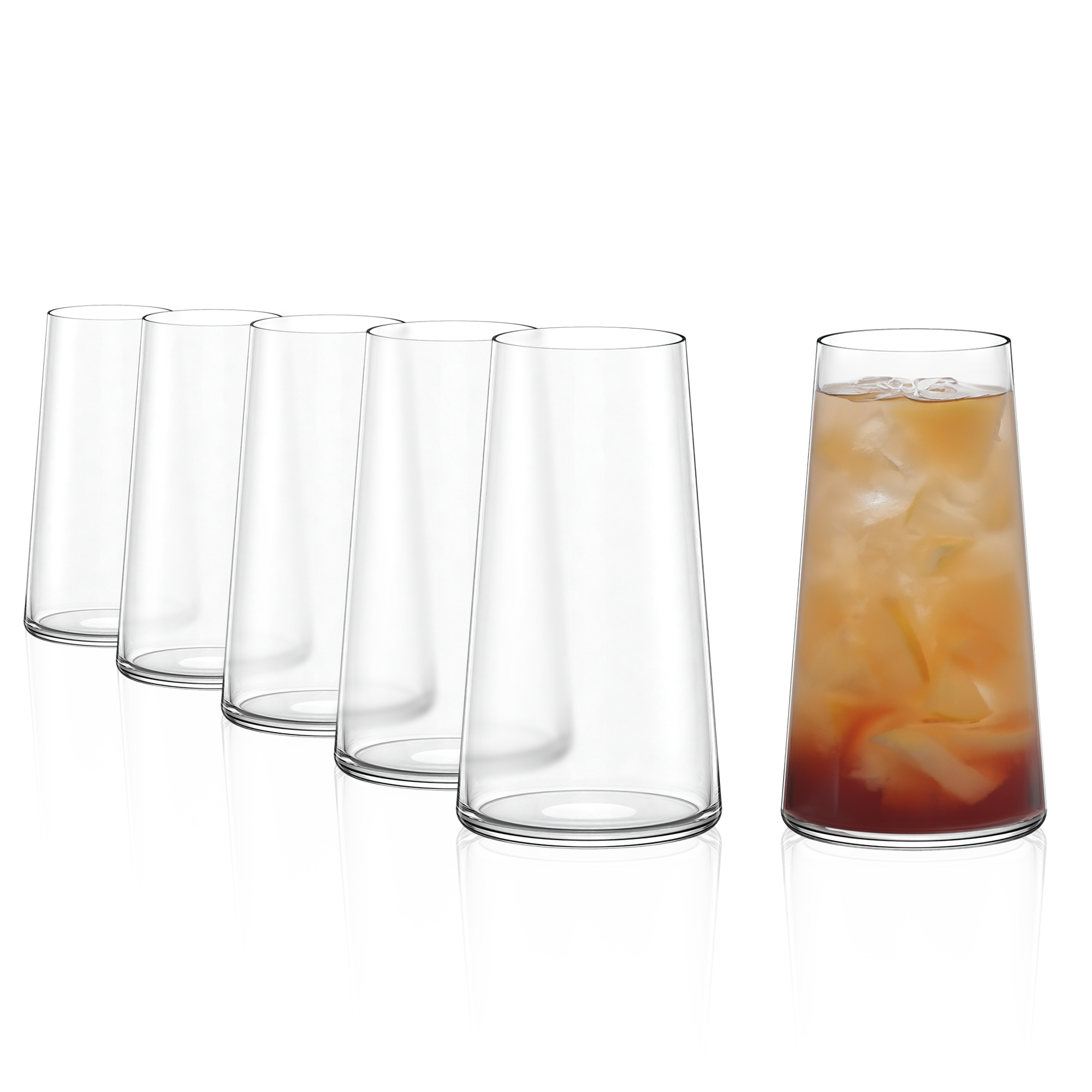 Fünf deutsche Qualitätsgläser Longdrink, eins gefüllt mit Getränk und Eis, ideal für Cocktails