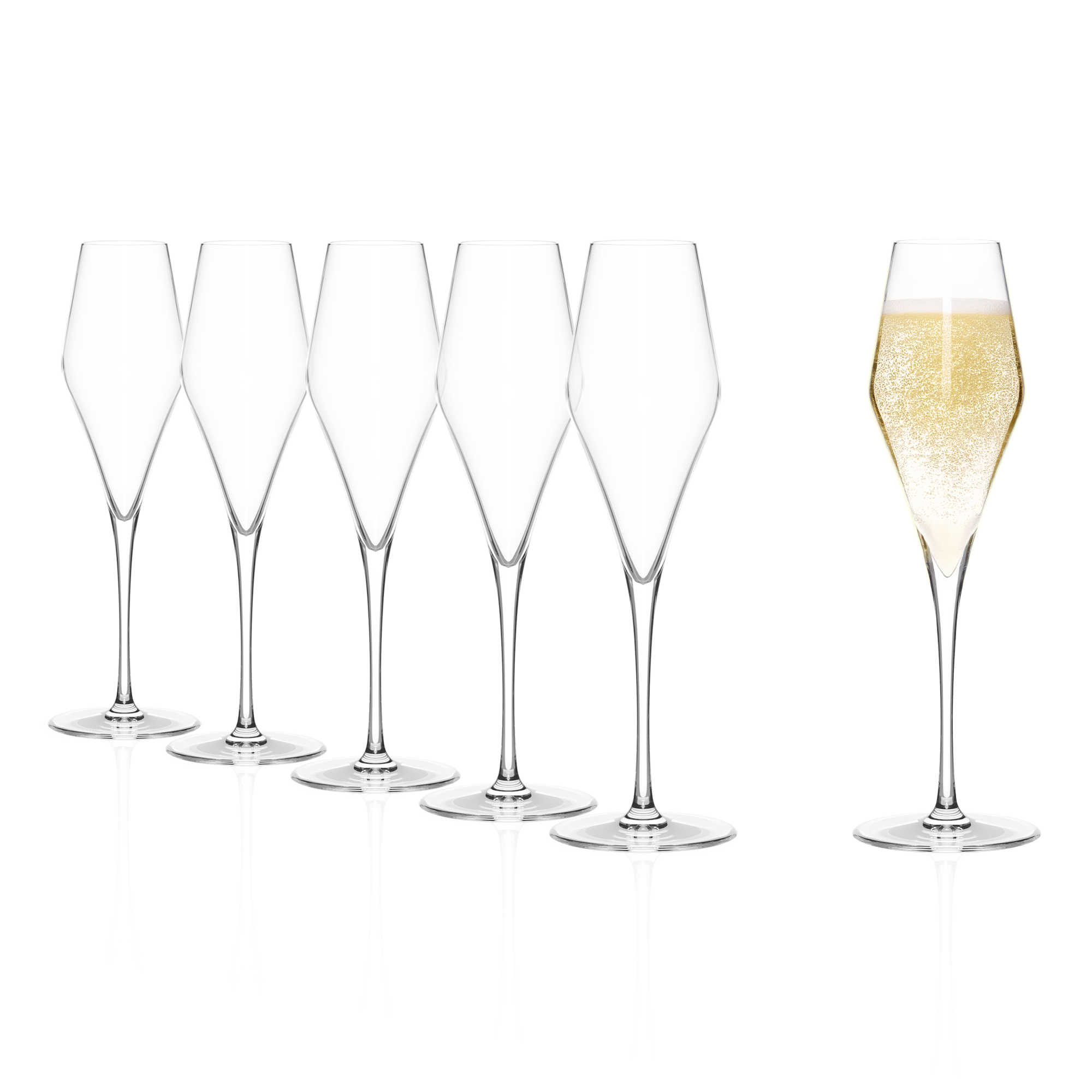 Set mit sechs exklusive Champagnergläser von Stölzle Lausitz, elegant mit einem Glas gefüllt