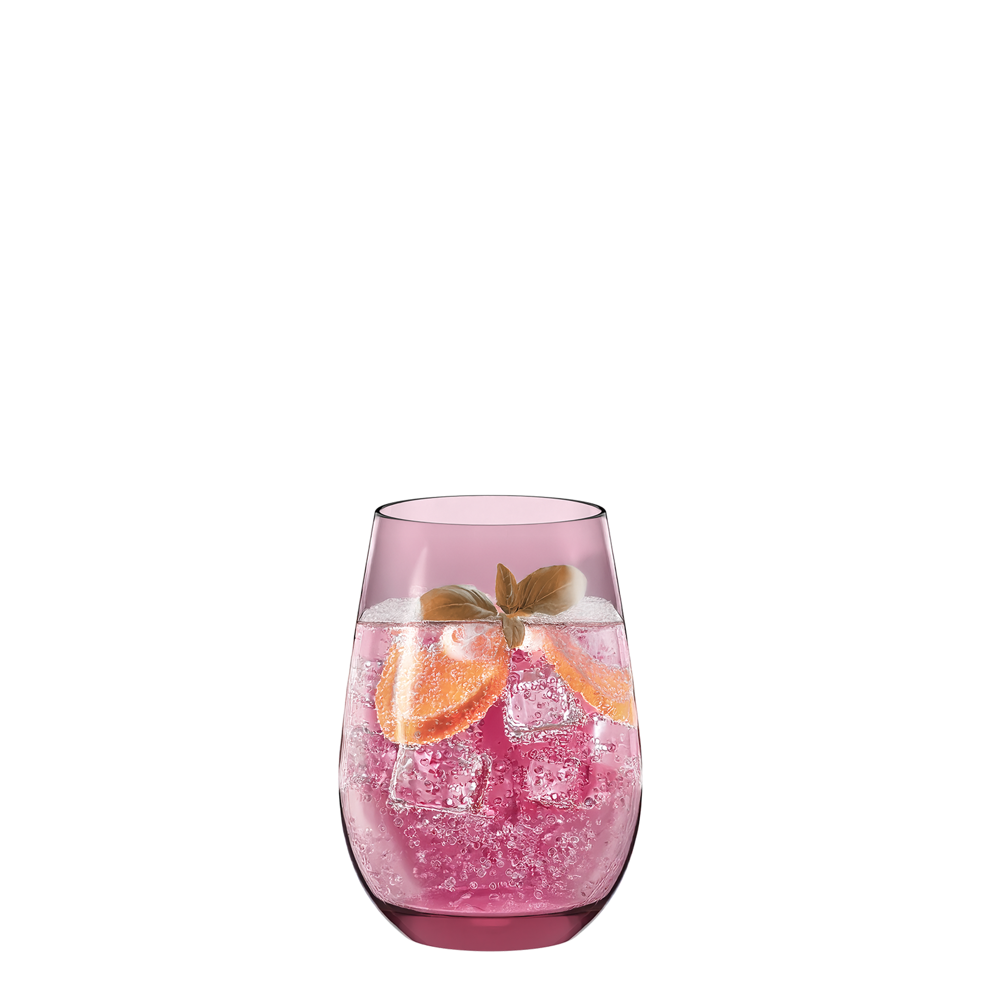 Stölzle Lausitz Glas mit pinkem Getränk, Eiswürfeln und Orangenscheiben für stilvolle Erfrischungen