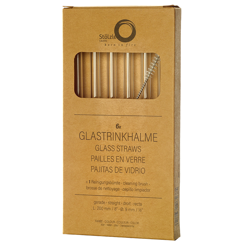 Glass Straws Clear with Cleaning Brush Set of 6 200 mm