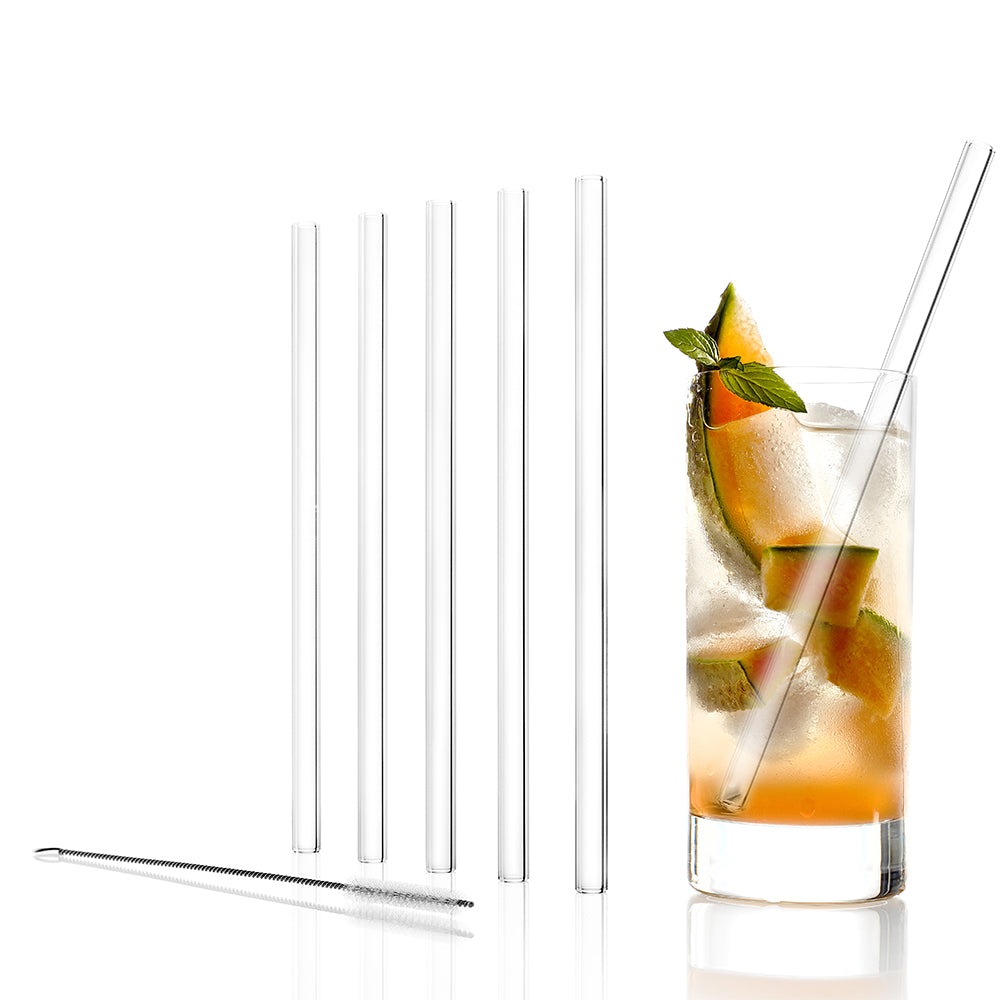 Glass Straws Clear with Cleaning Brush Set of 6 200 mm