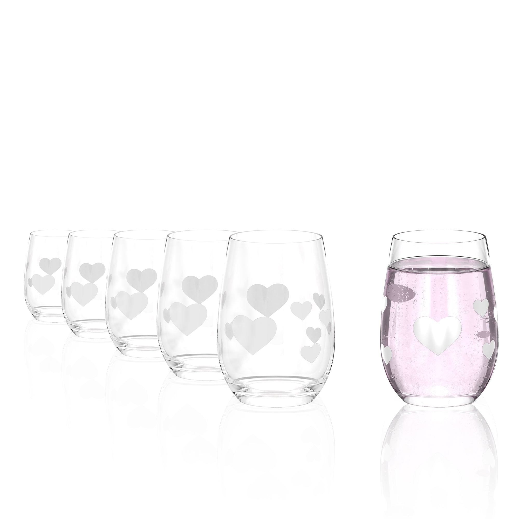 Set aus fünf Herzmotiv Trinkgläsern von Stölzle Lausitz in verschiedenen Größen für festliche Anlässe
