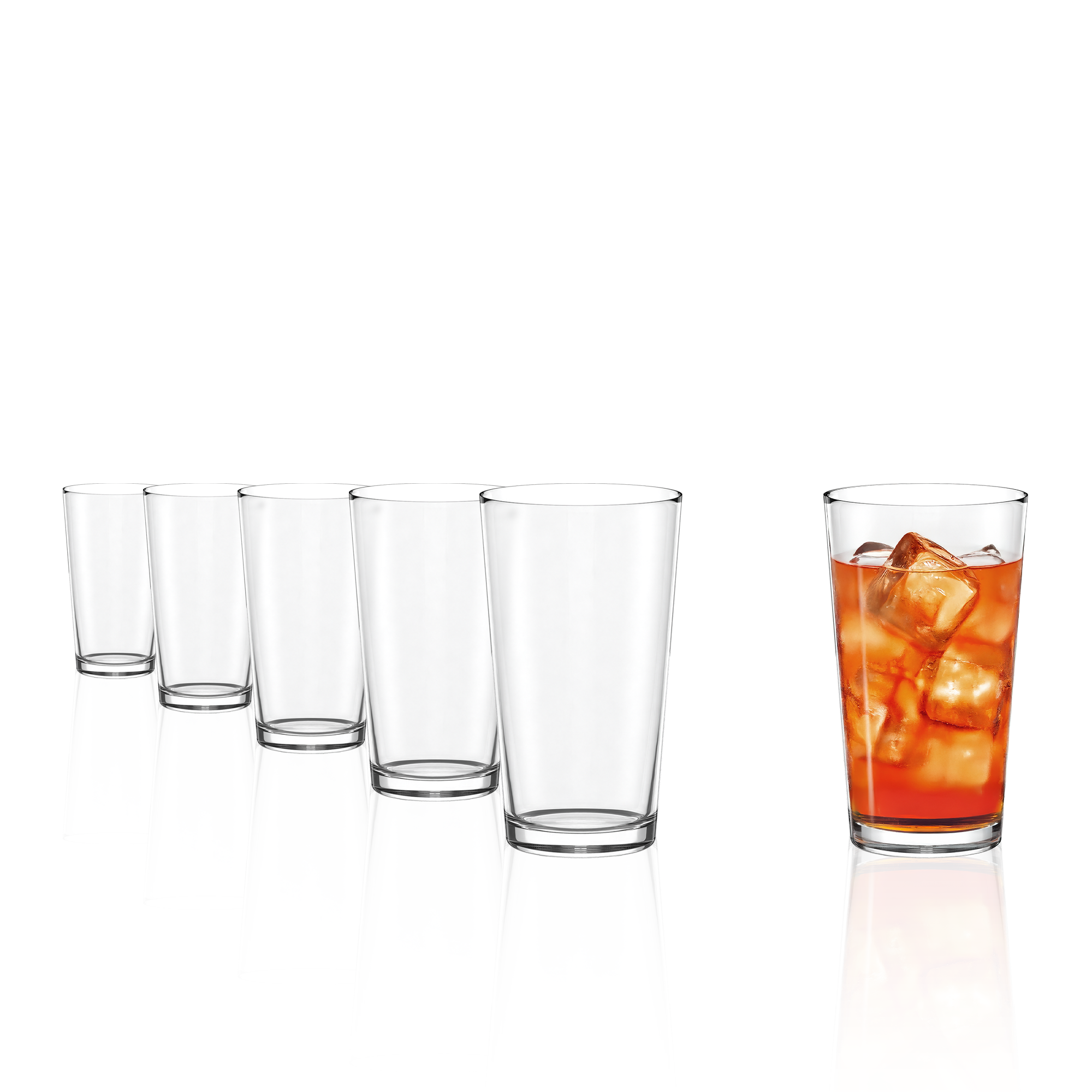 Sechsteilige Set von hochwertigen Bechergläsern in verschiedenen Größen mit einem Getränk mit Eiswürfeln