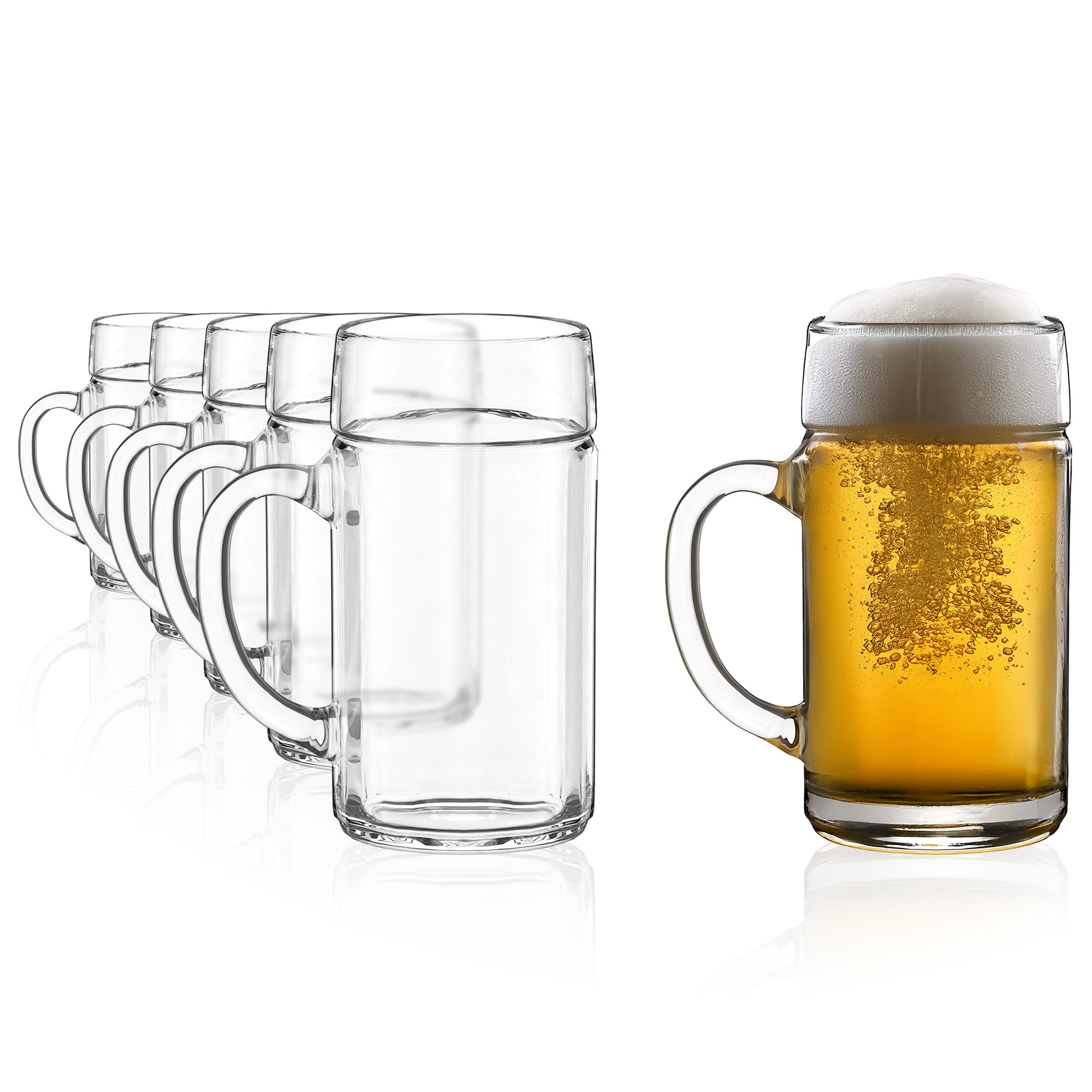 Set aus sechs hochwertigen Bierkrügen Deutschland mit klarem Glasdesign und traditionellem Griff