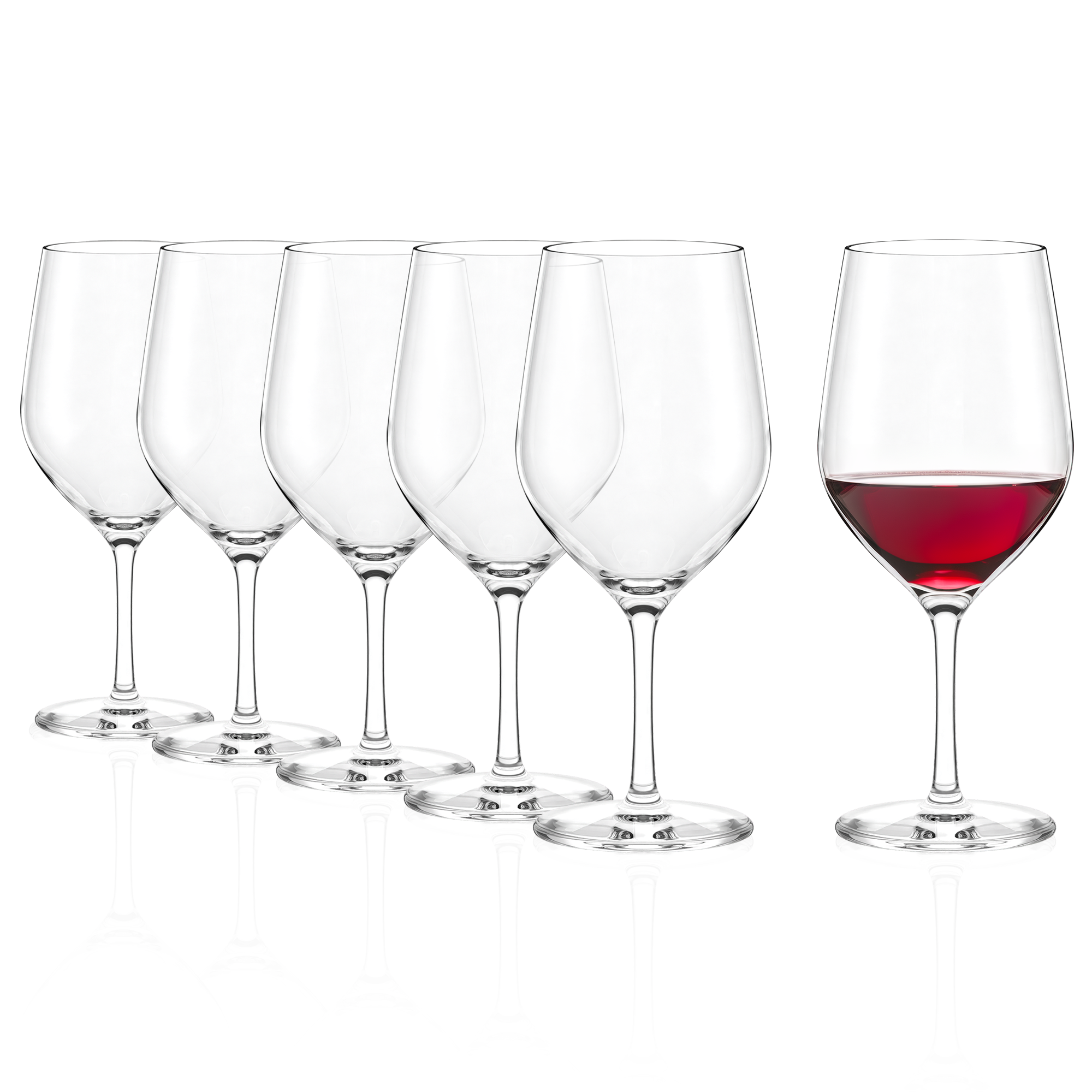 Sechs hochwertige Bordeauxgläser von Stölzle Lausitz mit einem Glas gefüllt mit rotem Wein