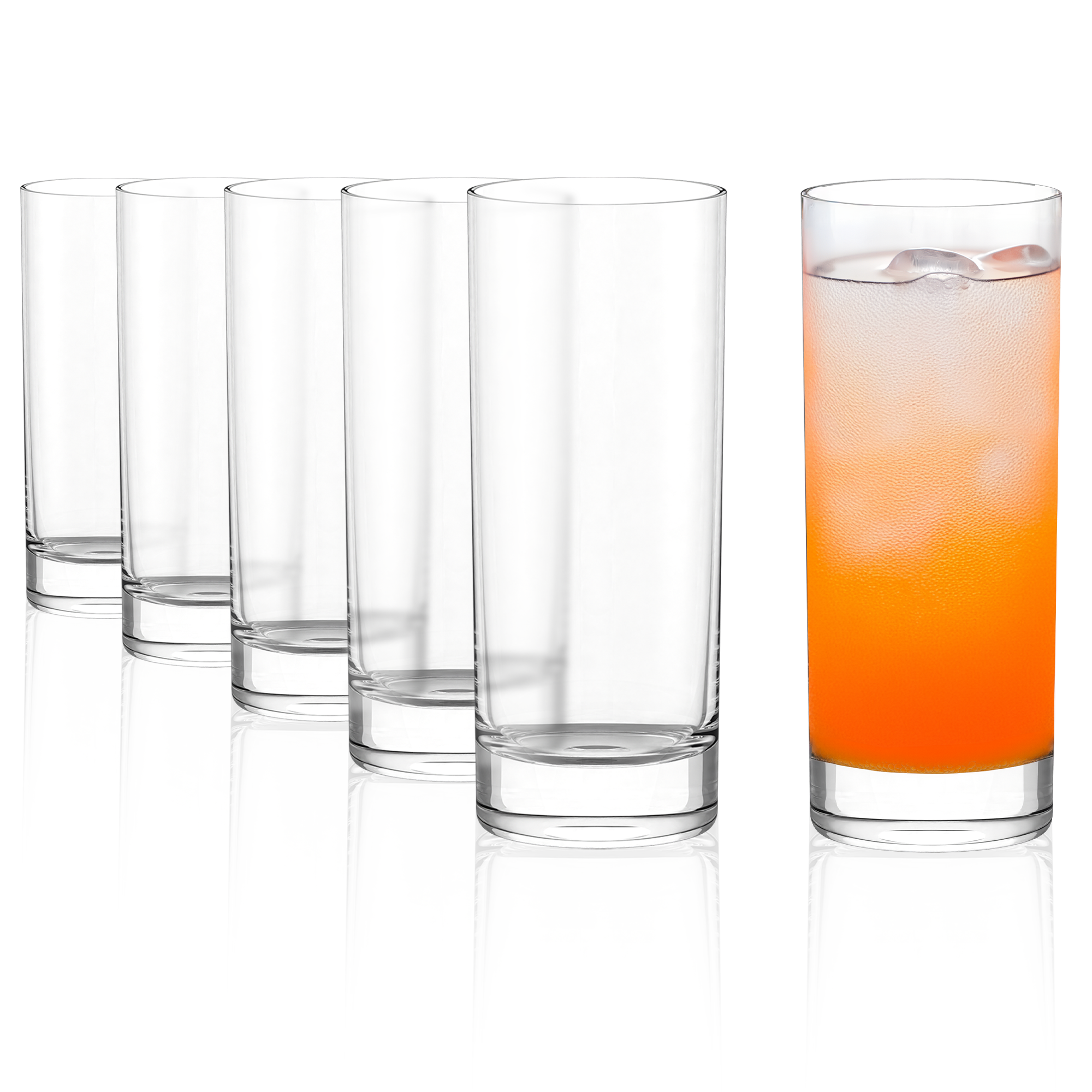Hochwertige Longdrinkgläser in transparentem Design mit einem orangefarbenen Getränk in einem Glas