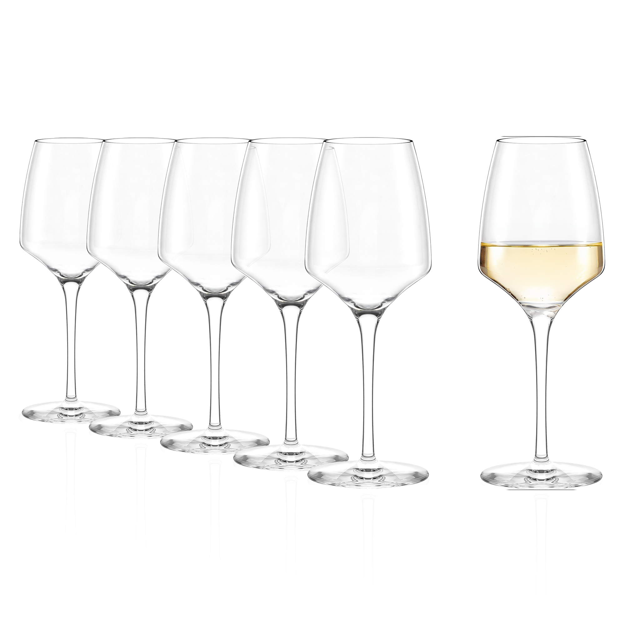 Set von fünf langlebigen Weißweingläsern aus Kristallglas mit elegantem Design