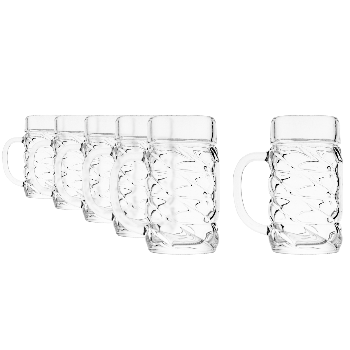 Oberglas Diamond Bierkrug mit Dekorfläche 1000ml, leer als Set mit sechs Gläsern vor hellem Hintergrund