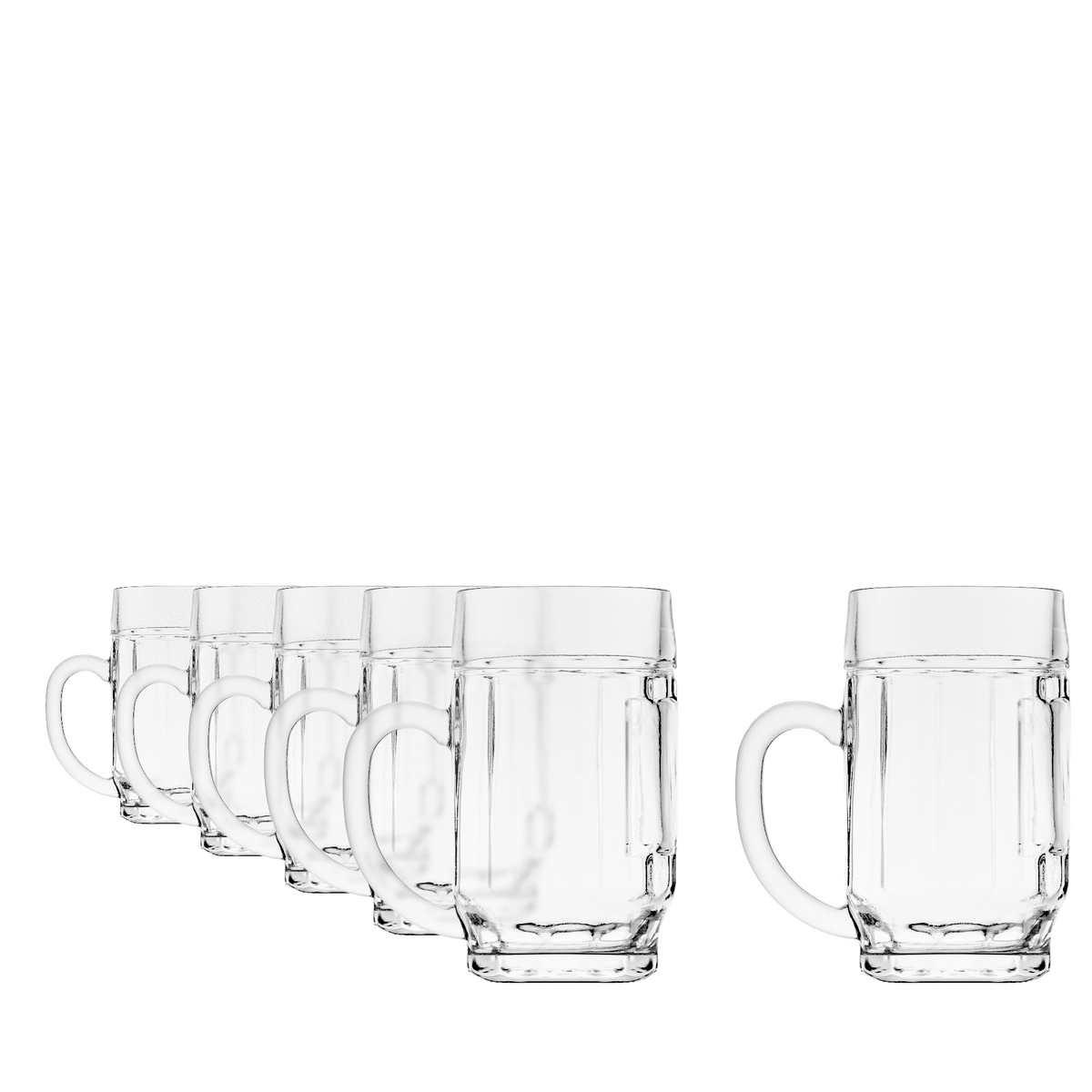 Oberglas Donau Bierkrug mit Dekorfläche 500ml, leere Biergläser in Reihe vor hellem Hintergrund