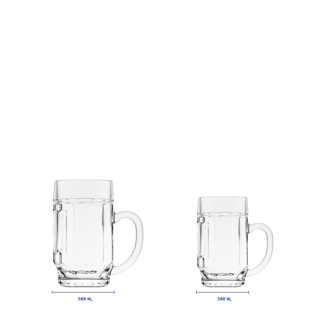 Oberglas Donau Bierkrug mit Dekorfläche 500ml, Größenvergleich der Serie vor hellem Hintergrund