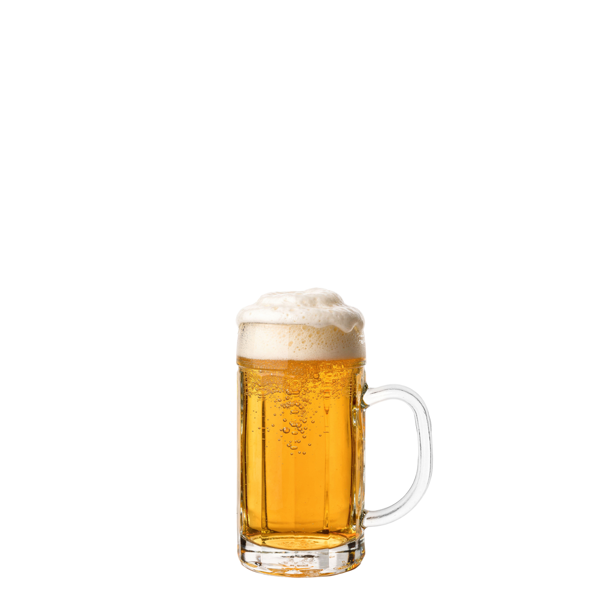 Oberglas Ecken Bierkrug, 500ml, gefüllt vor hellem Hintergrund