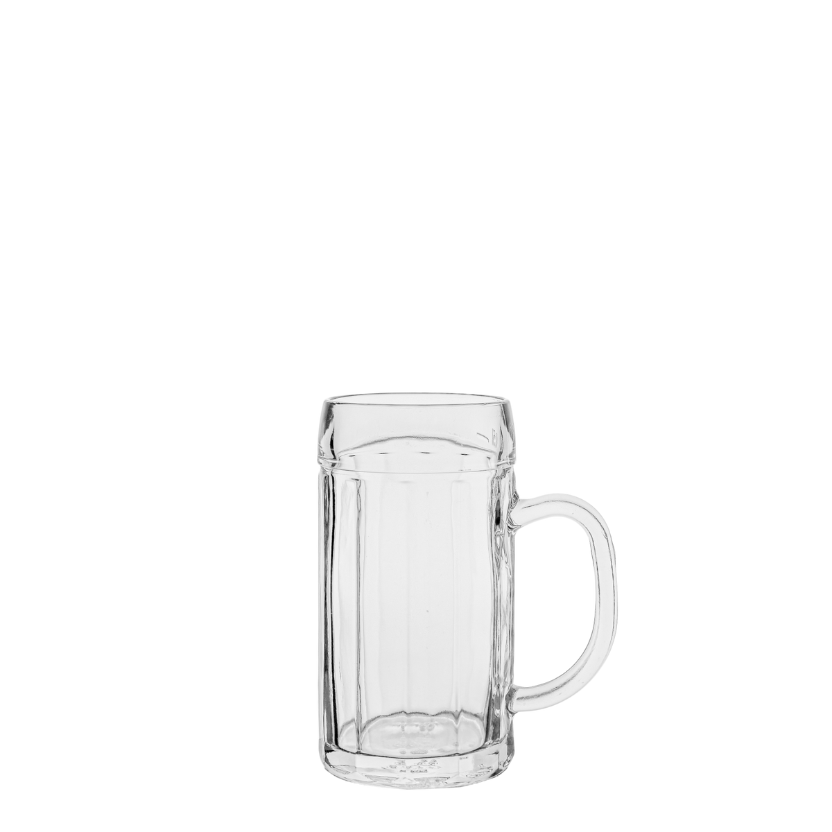 Oberglas Ecken Bierkrug 500ml, leer vor hellem Hintergrund
