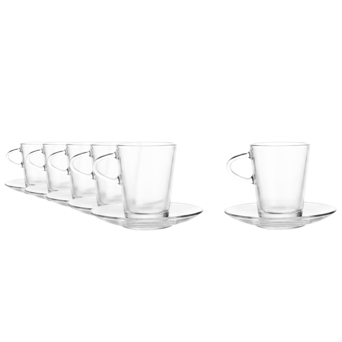 Oberglas Espresso-Tassen-Set 80 ml, leer, sechs Gläser nebeneinander vor hellem Hintergrund