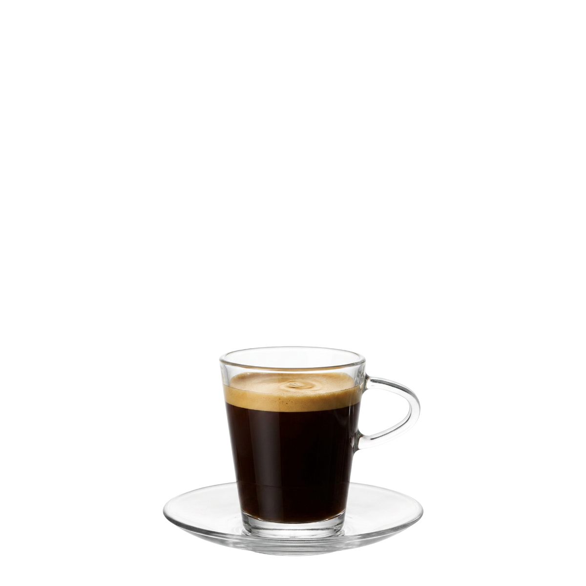 Oberglas Espresso-Tassen-Set 80 ml, gefüllt vor hellem Hintergrund