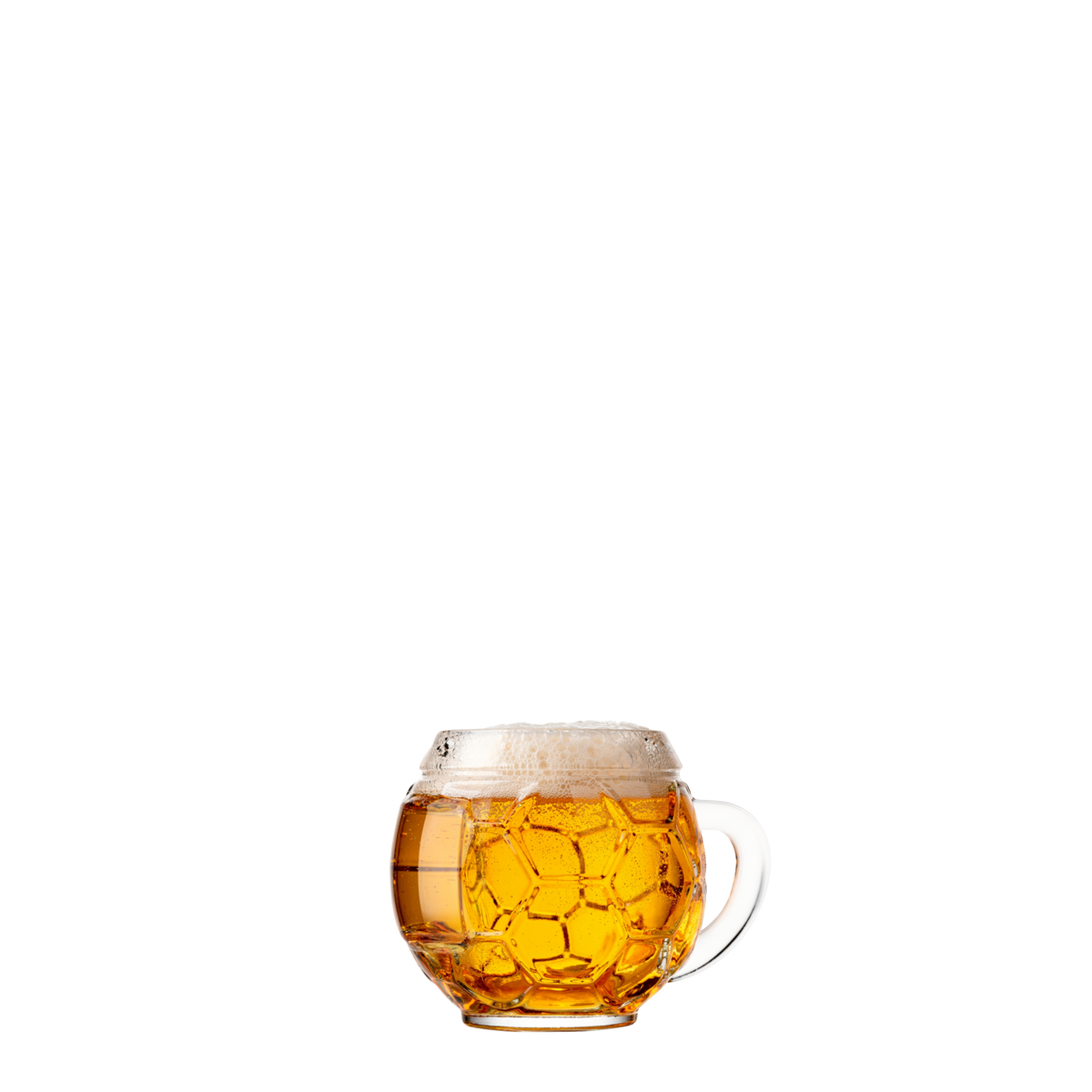 Oberglas Fußball Bierkrug 400 ml, gefüllt vor hellem Hintergrund