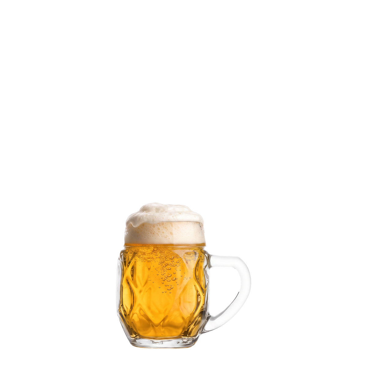Oberglas Landsberg Bierkrug 500 ml, gefüllt mit Bier vor hellem Hintergrund