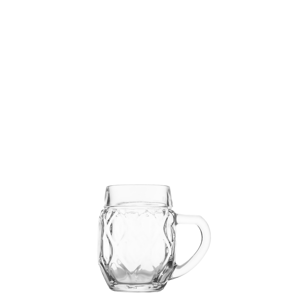 Oberglas Landsberg Bierkrug 500 ml, leer vor hellem Hintergrund