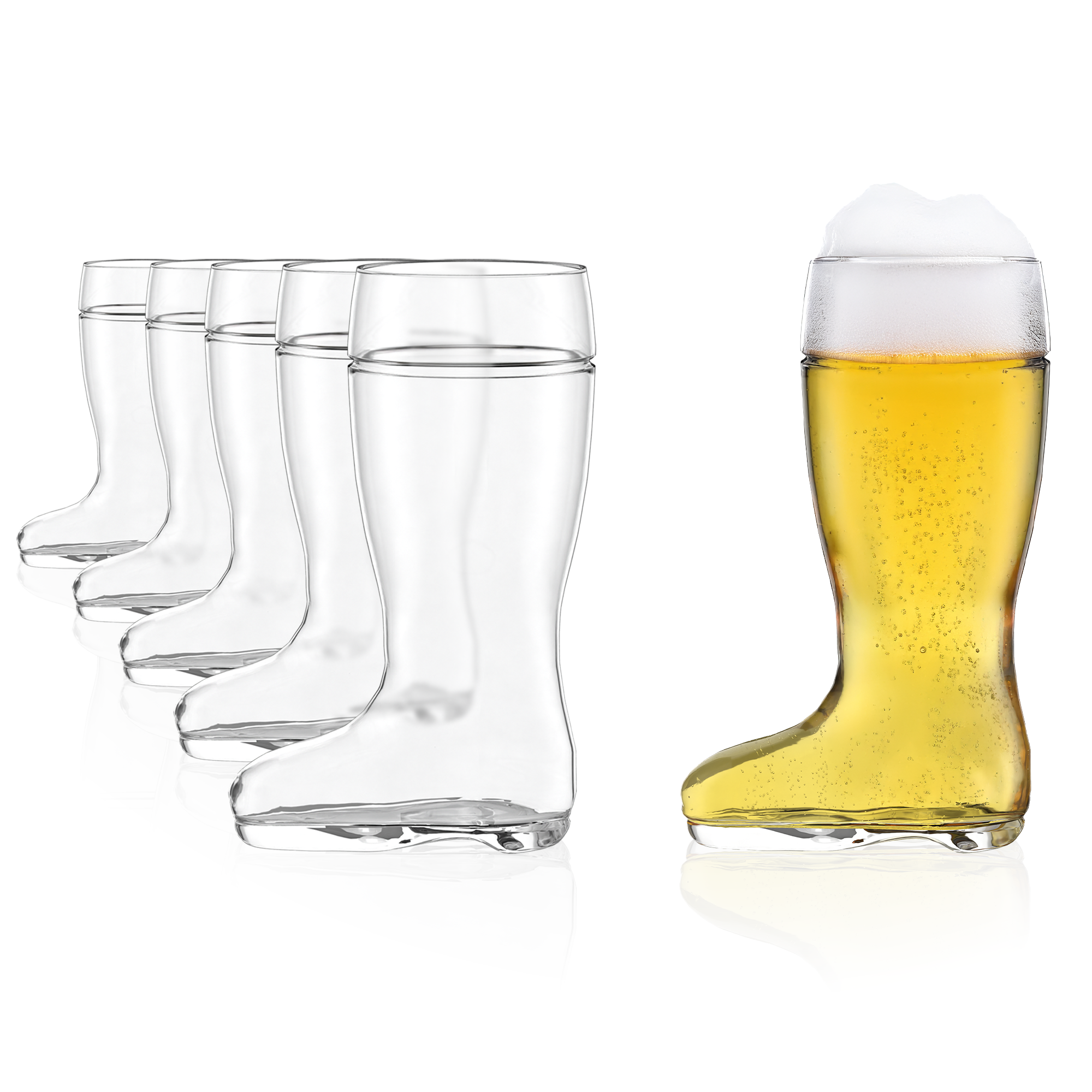 Originelle Biergläser kaufen, fünf transparente Gläser in Form von Stiefeln, eines gefüllt mit Bier
