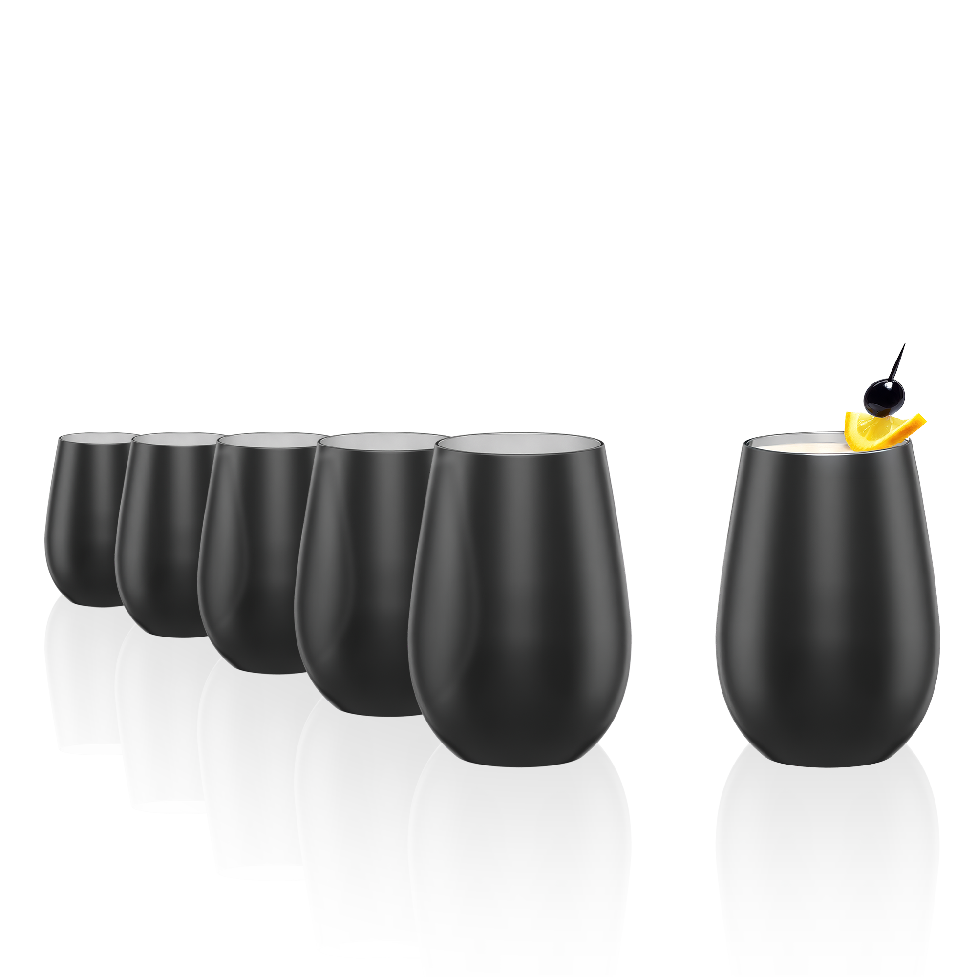 Set von sechs eleganten schwarzen Becher Set aus Glas für stilvolle Getränkepräsentation