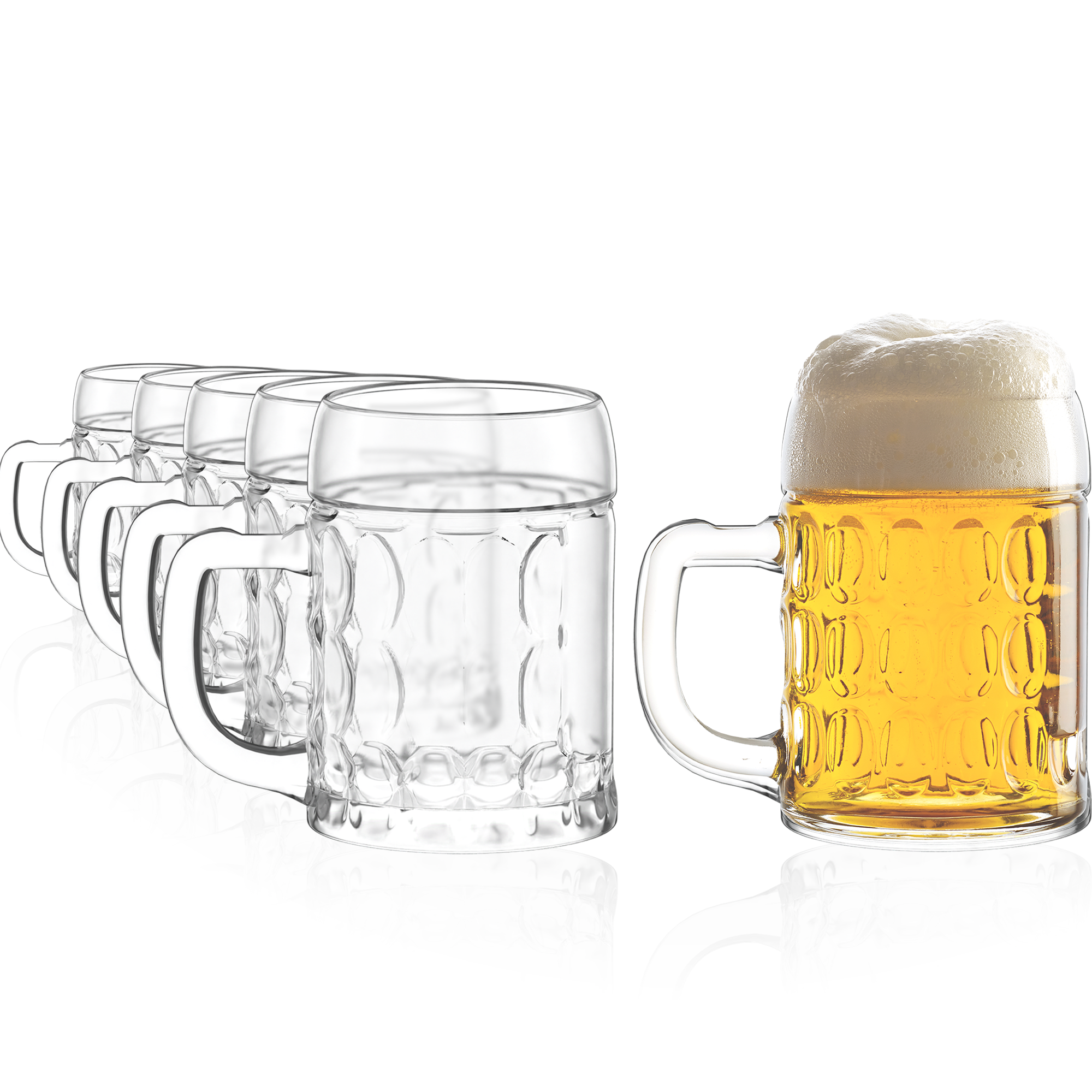 Set von fünf Stölzle Lausitz Biergläsern mit einem gefüllten Bierglas und Schaumkrone