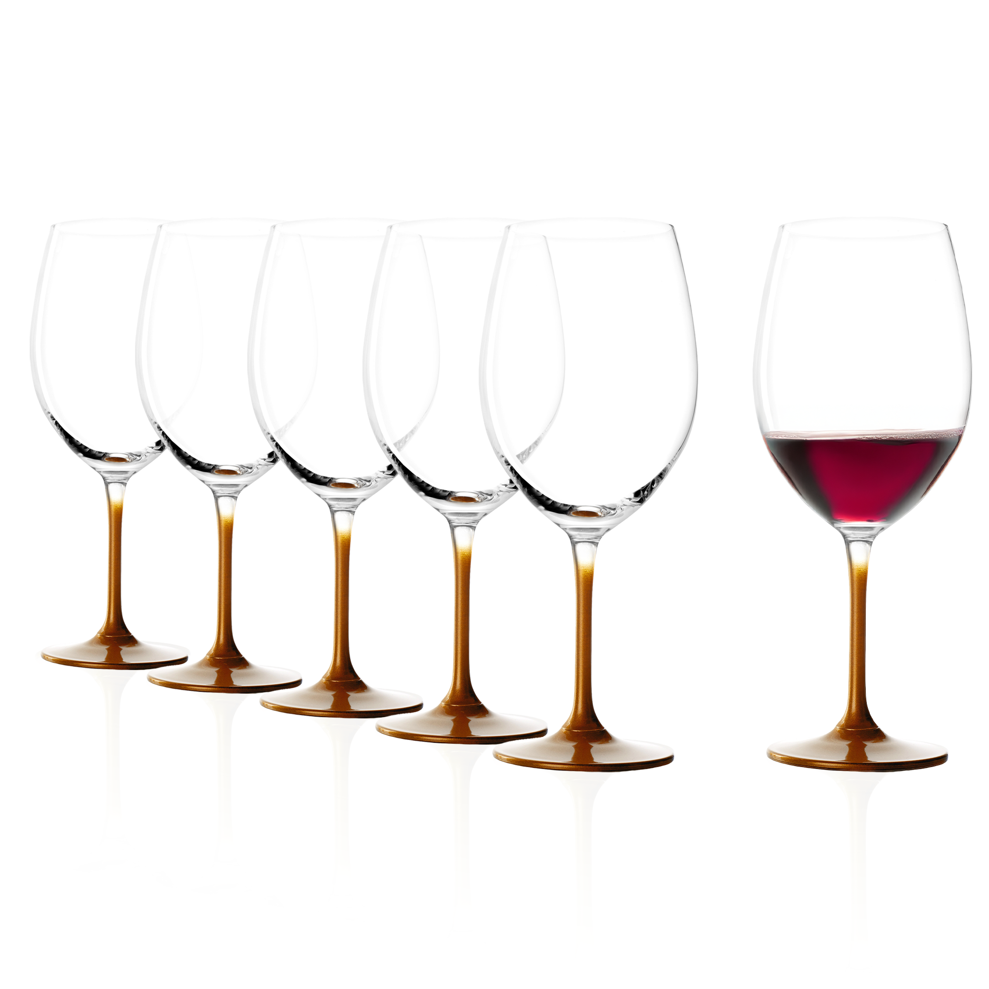 Set von sechs Stölzle Lausitz Gläsern mit goldenen Stielen, ideal für elegante Anlässe und Weinverkostungen