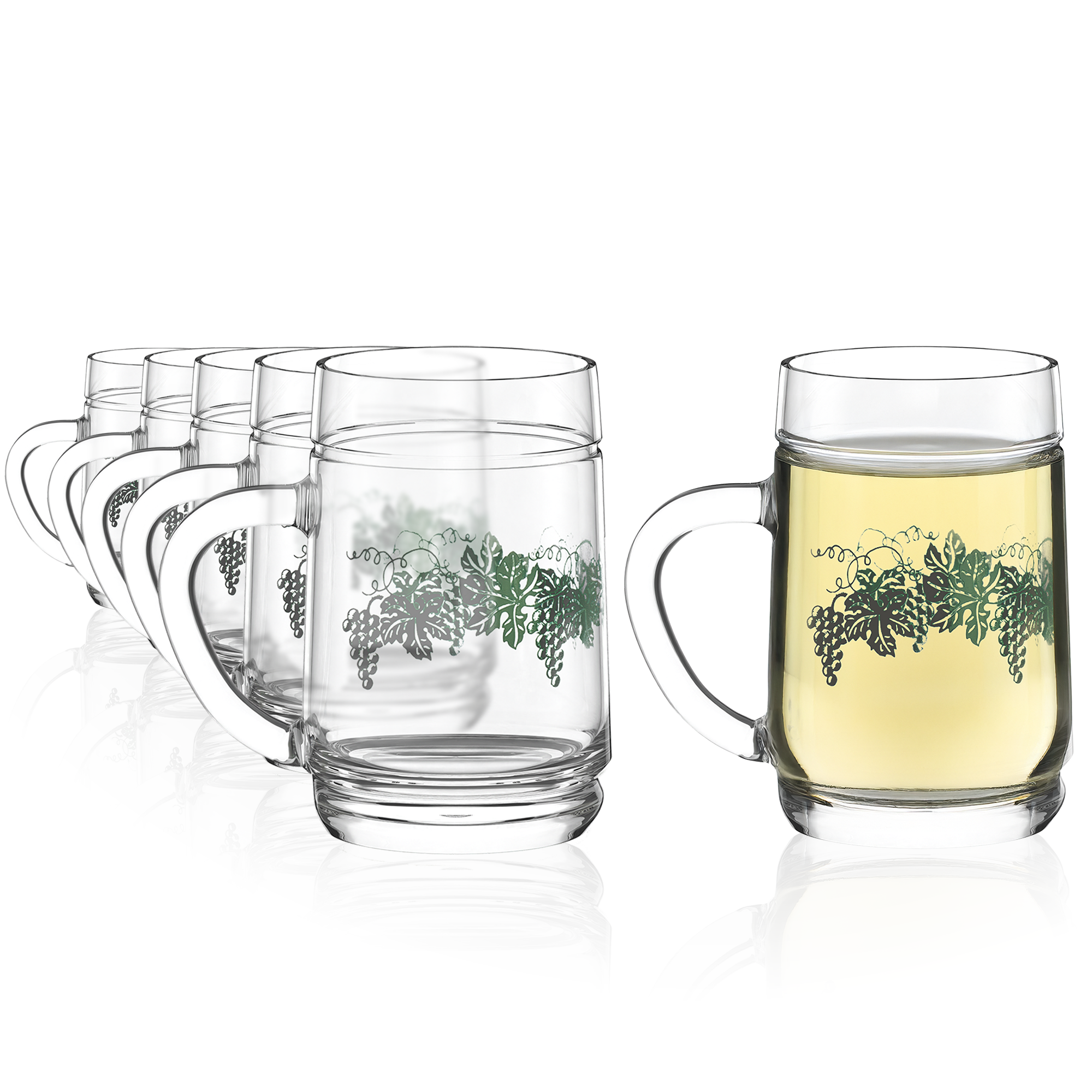 Set aus 6 Oberglas Weingläsern mit grünen Trauben, ideal zur Verwendung mit Weinkanne mit Motiv