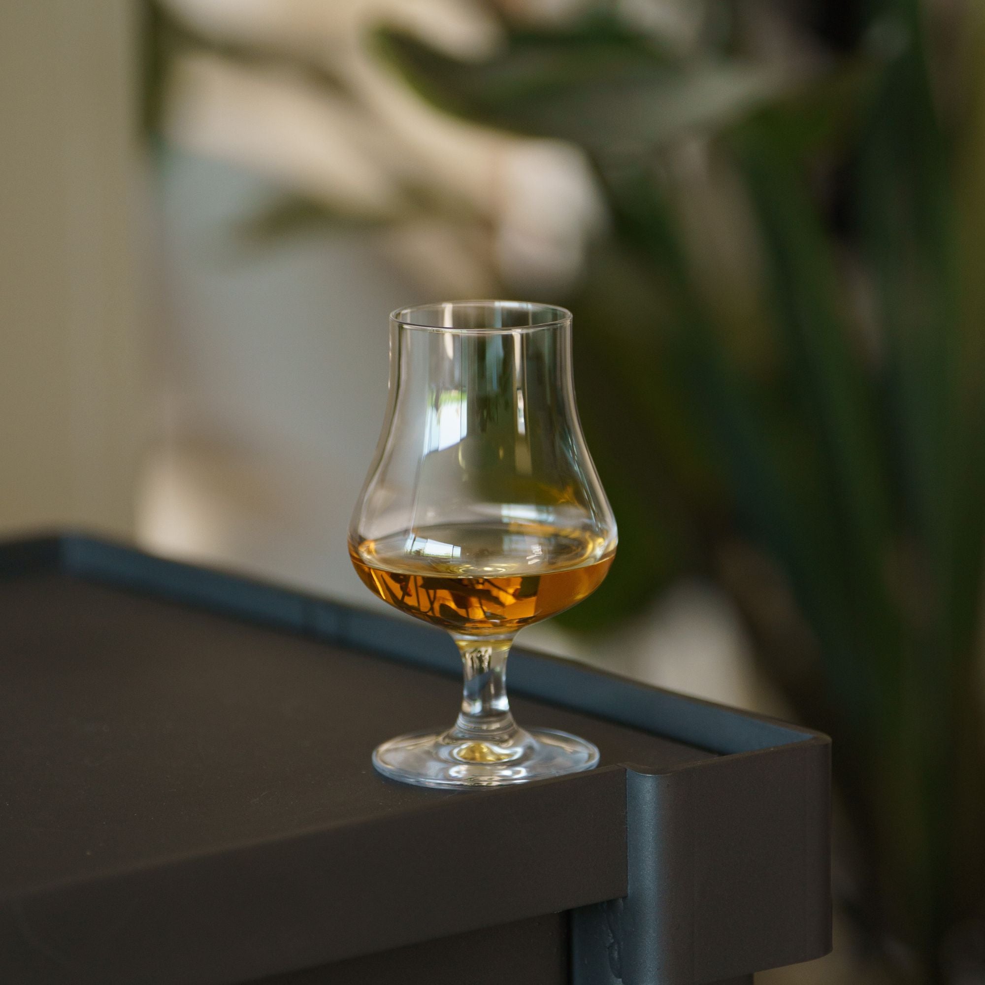 Elegantes Stölzle Lausitz Whisky Nosing Glas mit goldbraunem Whisky auf einem modernen Tisch
