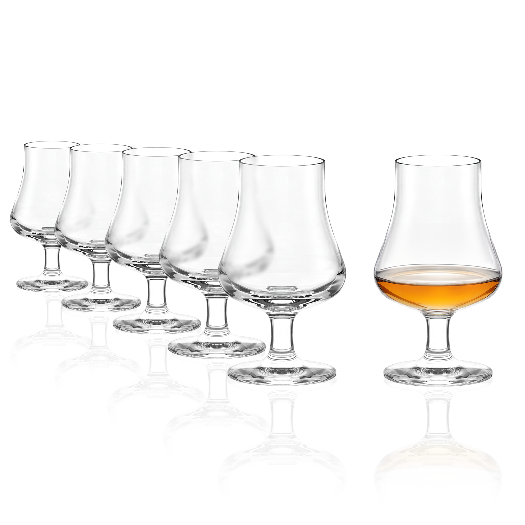 Set von sechs Whisky Nosing Gläsern aus klarem Glas mit elegantem Fuß und breiter Öffnung