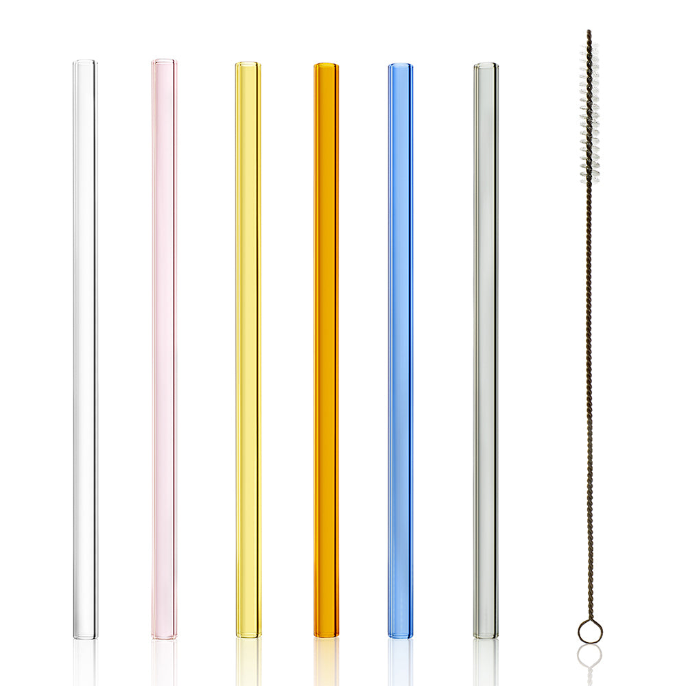 Glass drinking straws mixed including cleaning brush, set of 6 200mm