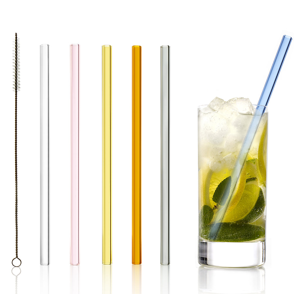 Glass drinking straws mixed including cleaning brush, set of 6 200mm