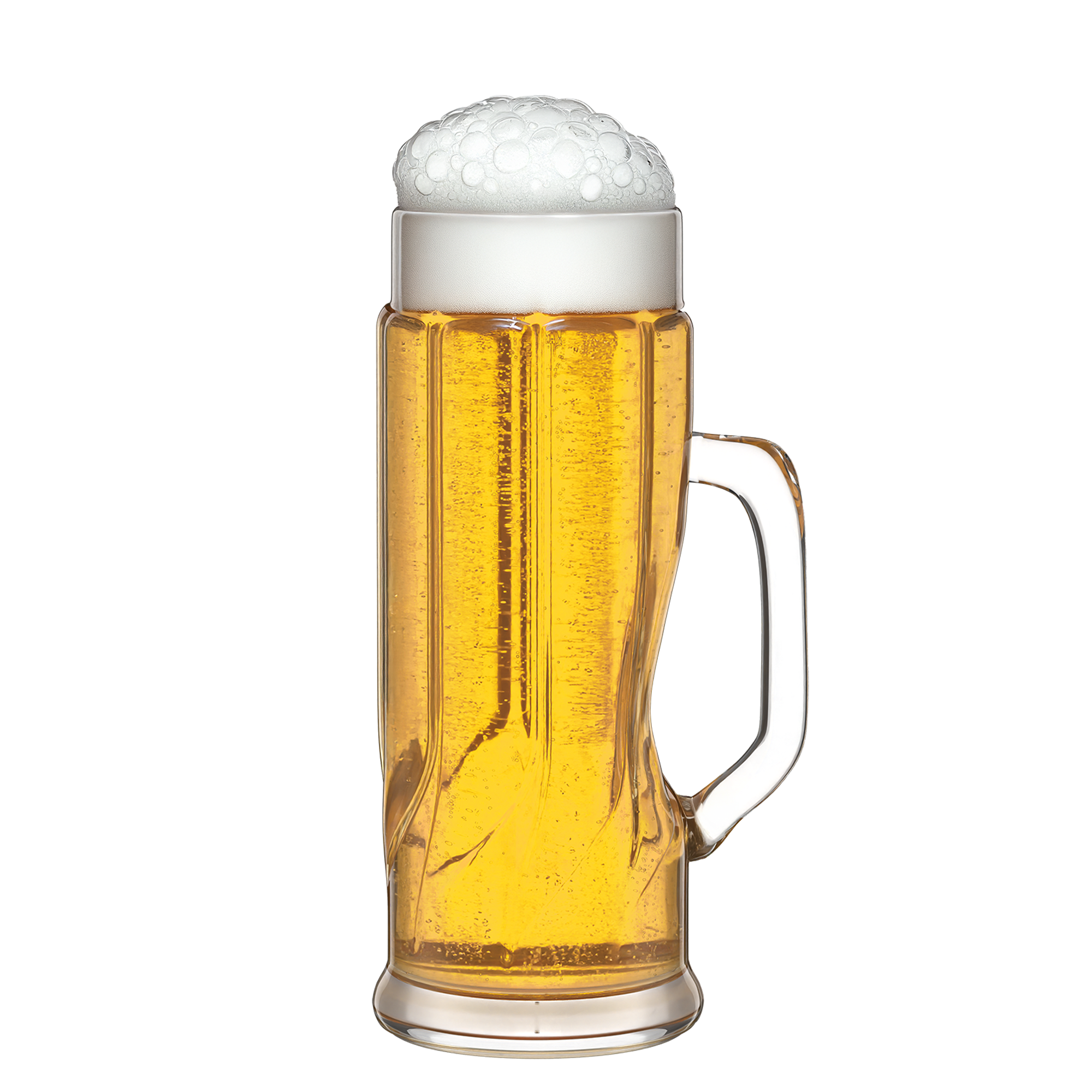 Transparenter Bierkrug mit Struktur kaufen, gefüllt mit goldenem Bier und weißem Schaum oben