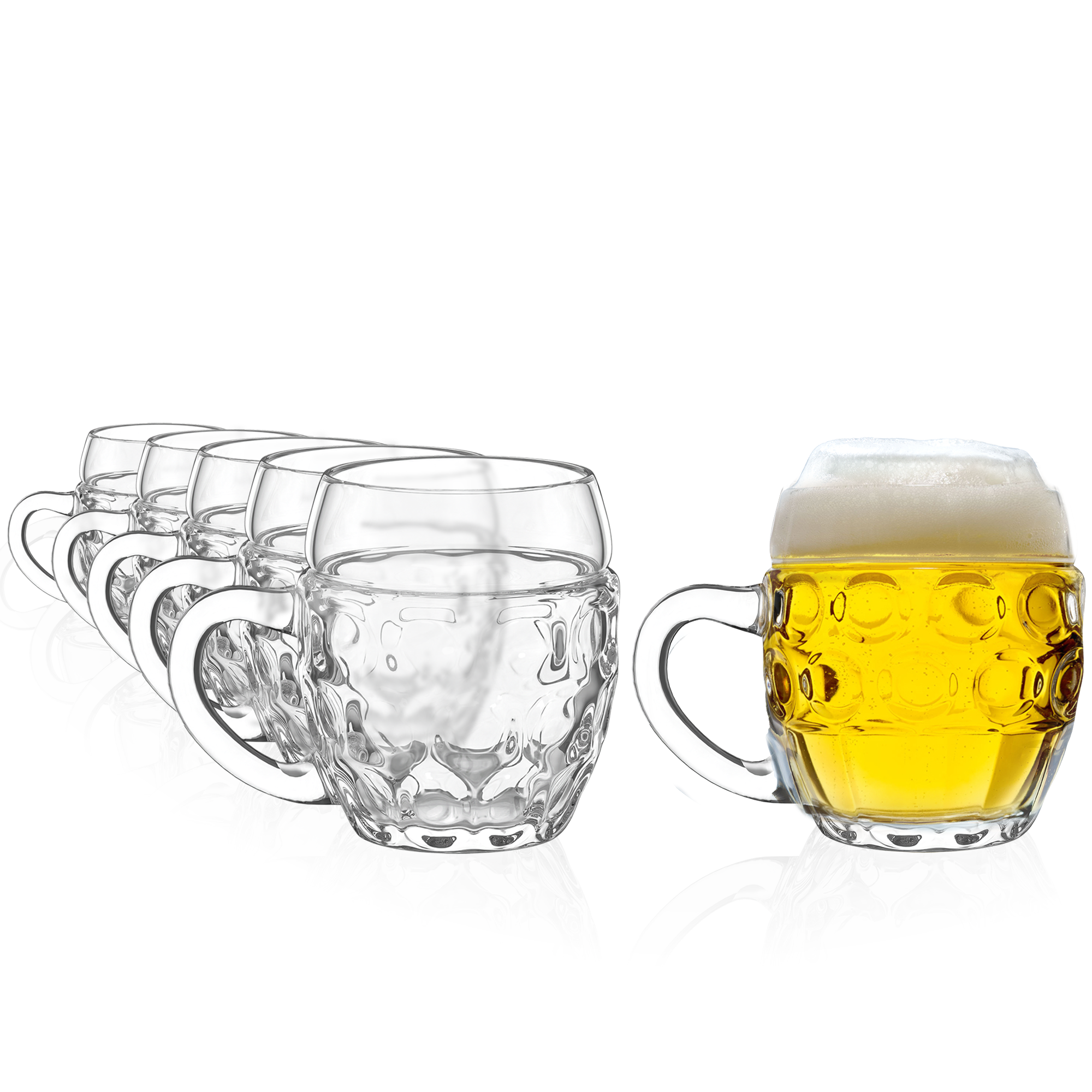 Set von 6 klaren Bierkrügen Tübinger kaufen mit einem voll gefüllten Bierkrug für gesellige Abende