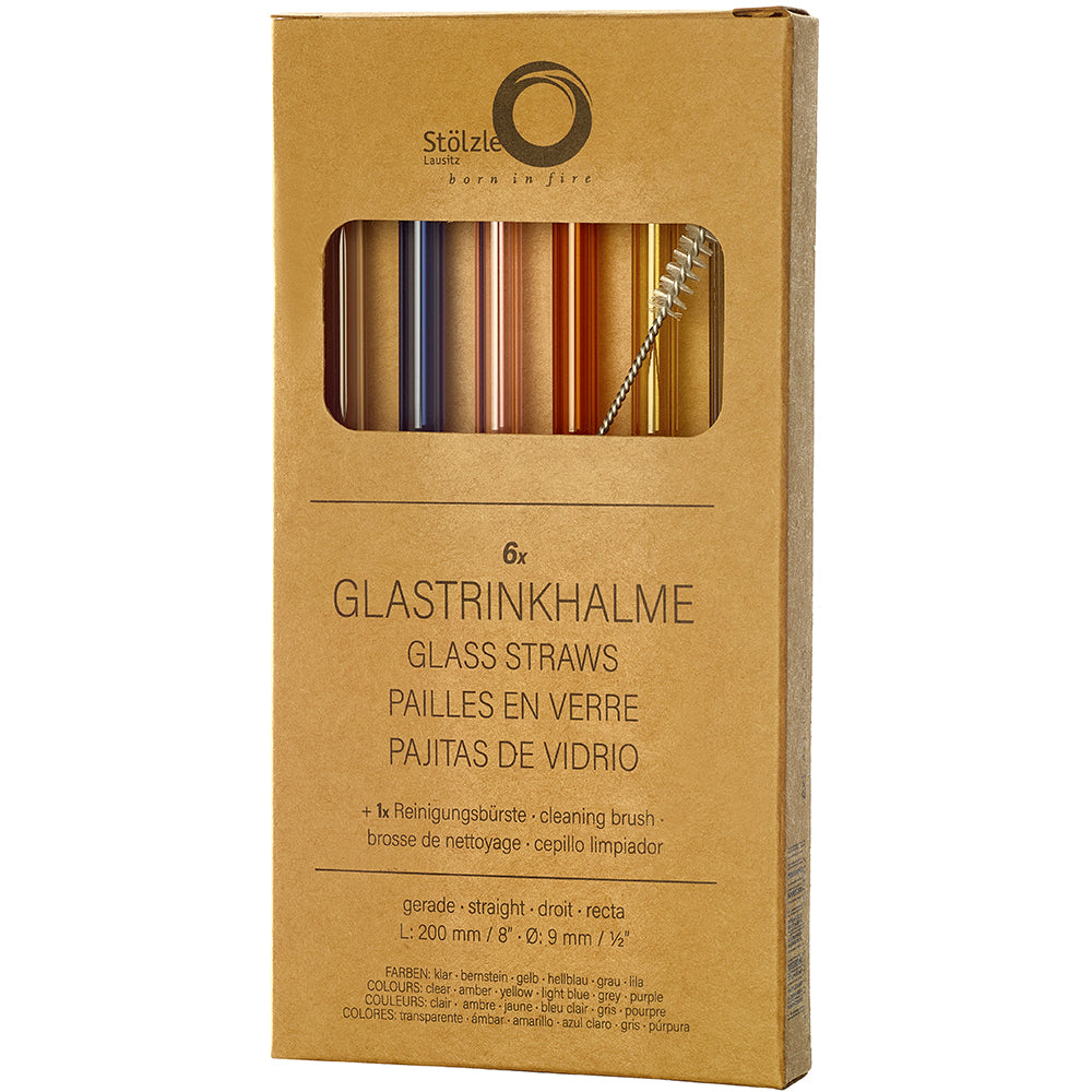 Bunte Glashalme Set mit sechs Glasstrohhalmen und Reinigungsbürste in einer umweltfreundlichen Verpackung