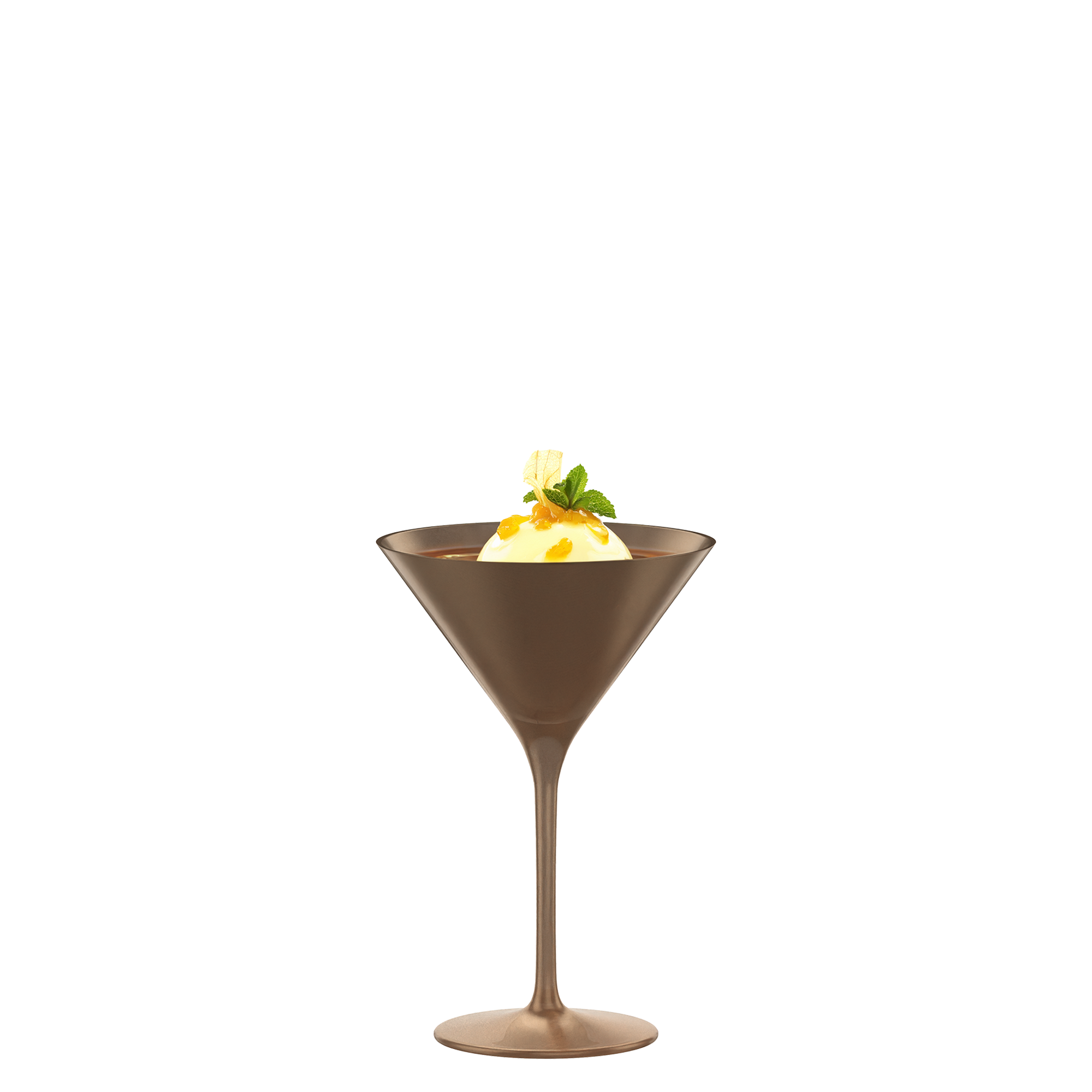Elegante Cocktailschale Bronze Elements von Stölzle Lausitz mit einem Dessert und Minze garniert