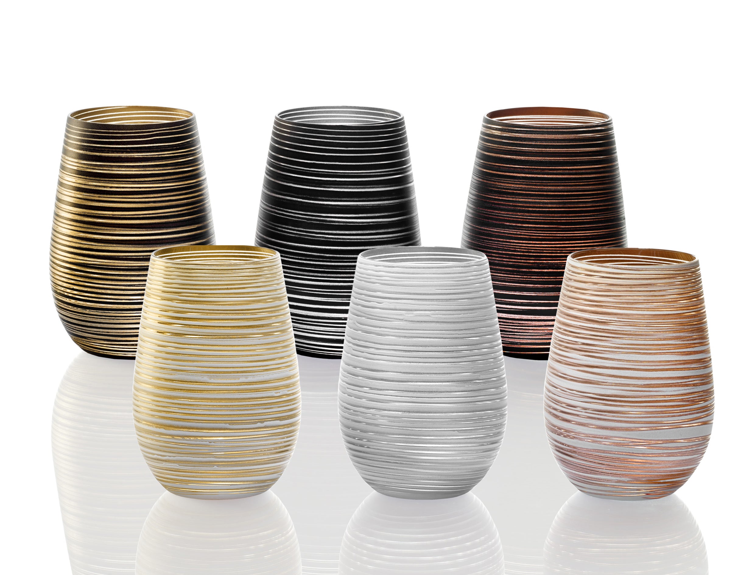 Sechsteilige Stölzle Lausitz Design Becher Made in Germany in unterschiedlichen Farben und Streifenmustern