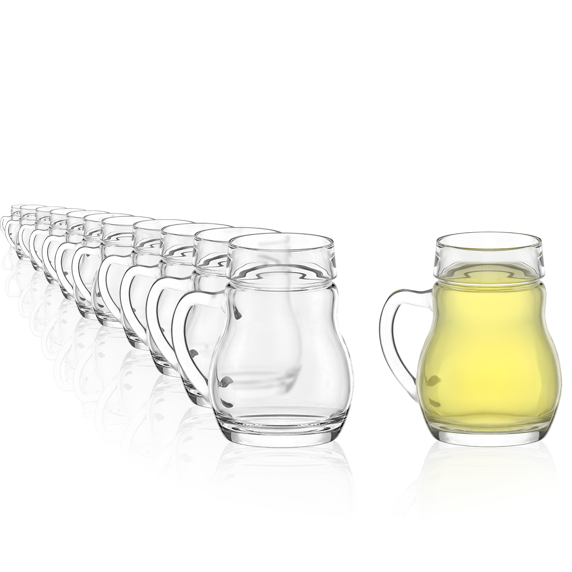 Stölzle Lausitz Edle Schnapsgläser kaufen, transparente Gläser in einer Reihe mit einem gefüllten Glas