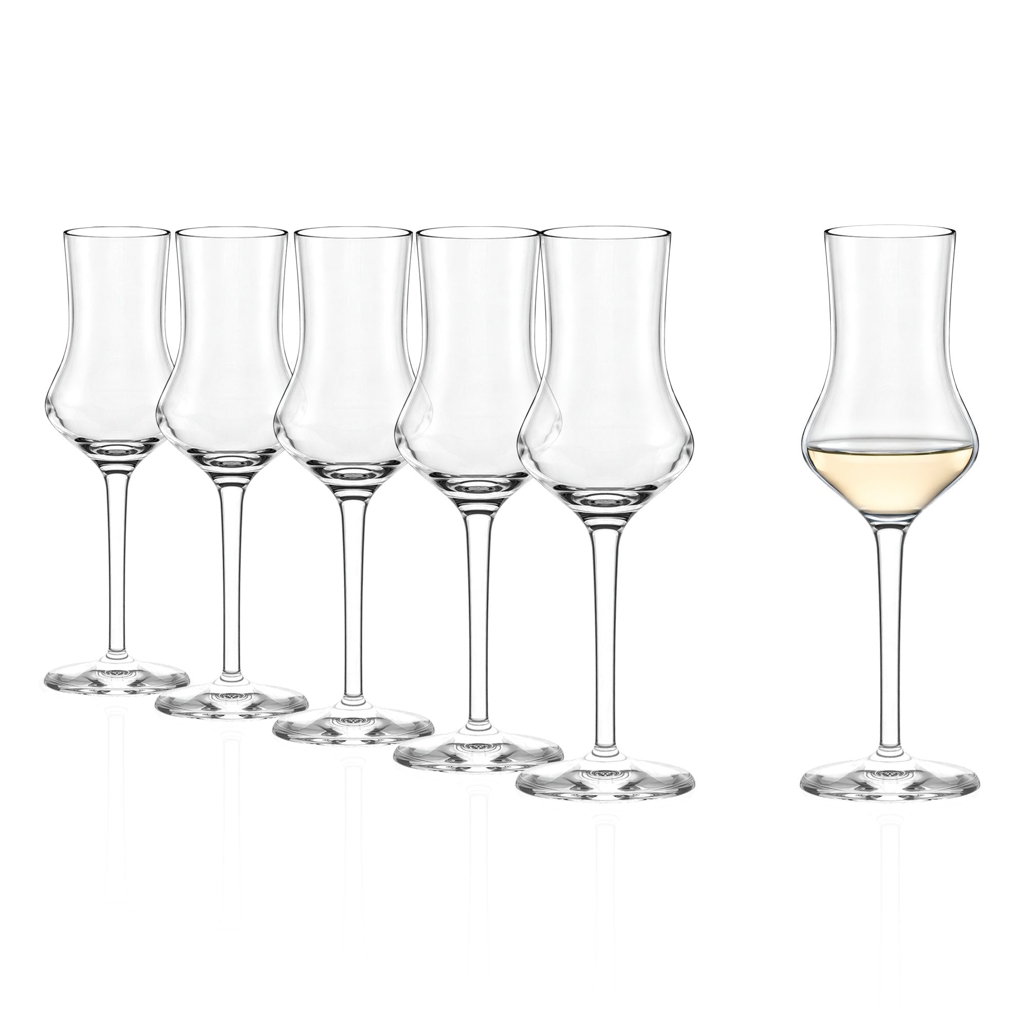 Set aus sechs eleganten Grappagläsern mit stilvollem, geschwungenem Design für Genussmomente