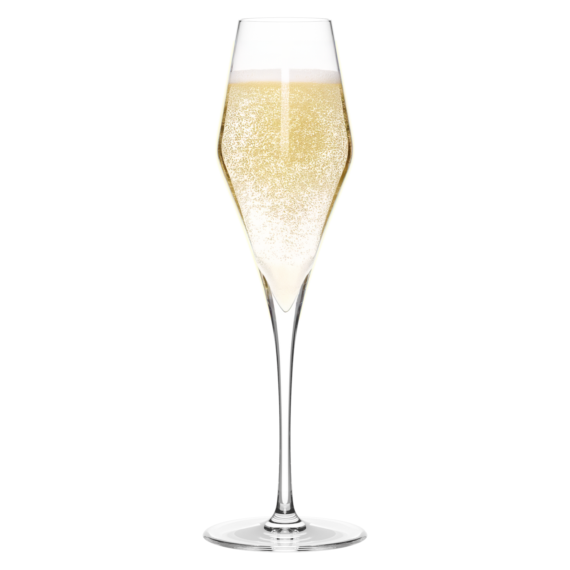 Elegantes Stölzle Lausitz exklusives Champagnerglas mit sprudelndem Sekt gefüllt