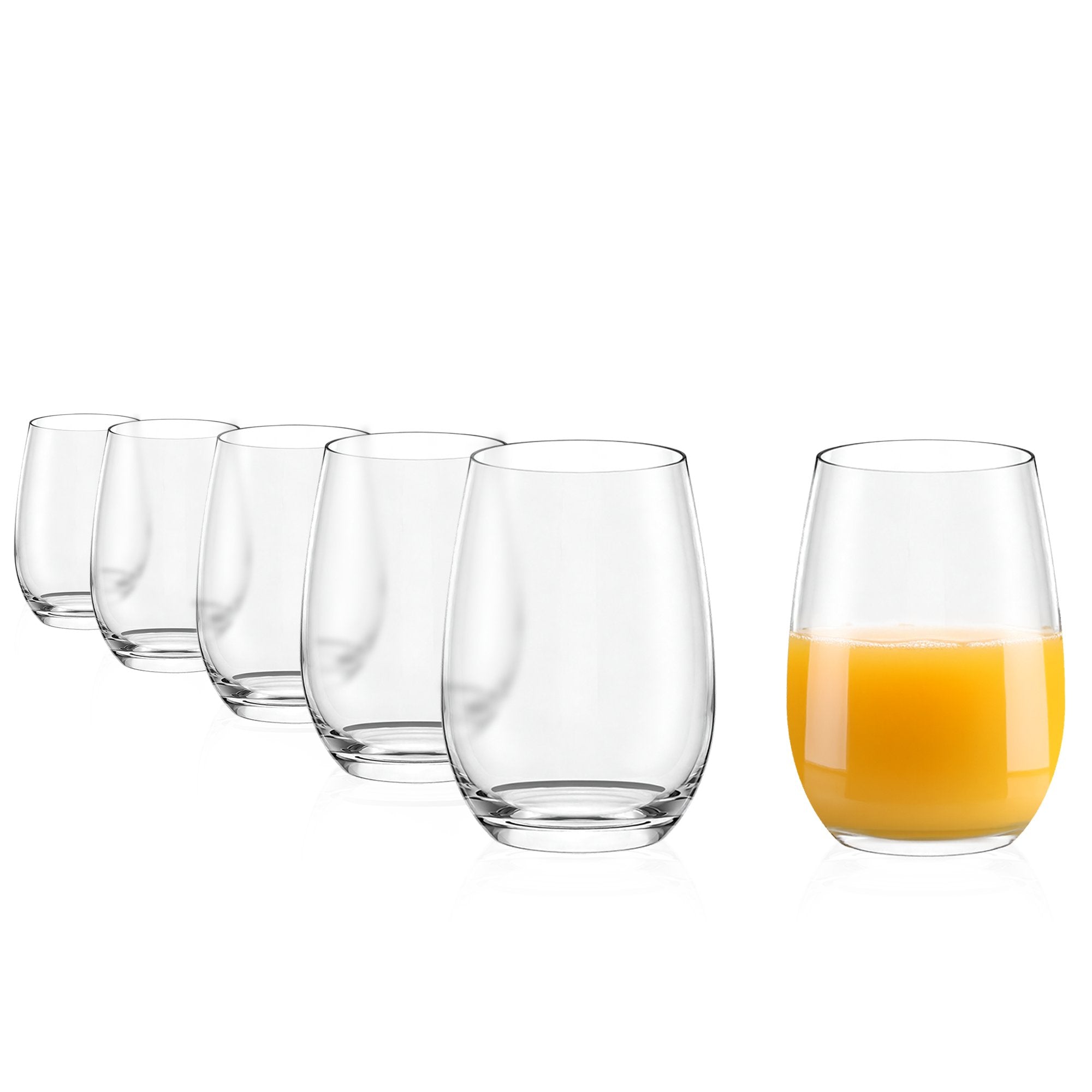 Stölzle Lausitz Gläser für Cocktails in eleganter Form mit beigem Orangensaft im Vordergrund
