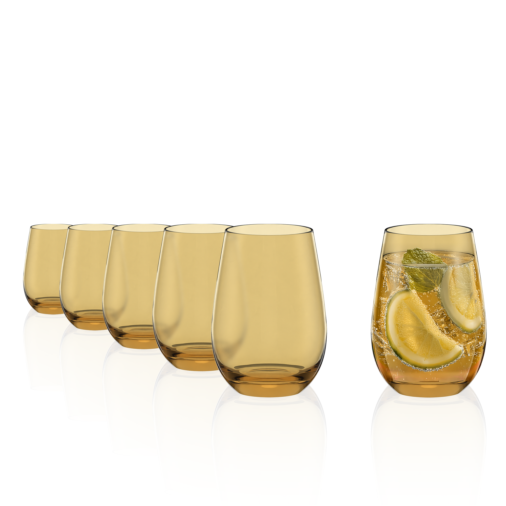 Satz von sechs eleganten Gläsern Made in Germany, in Bernsteinfarbe, ideal für Cocktails und Erfrischungsgetränke
