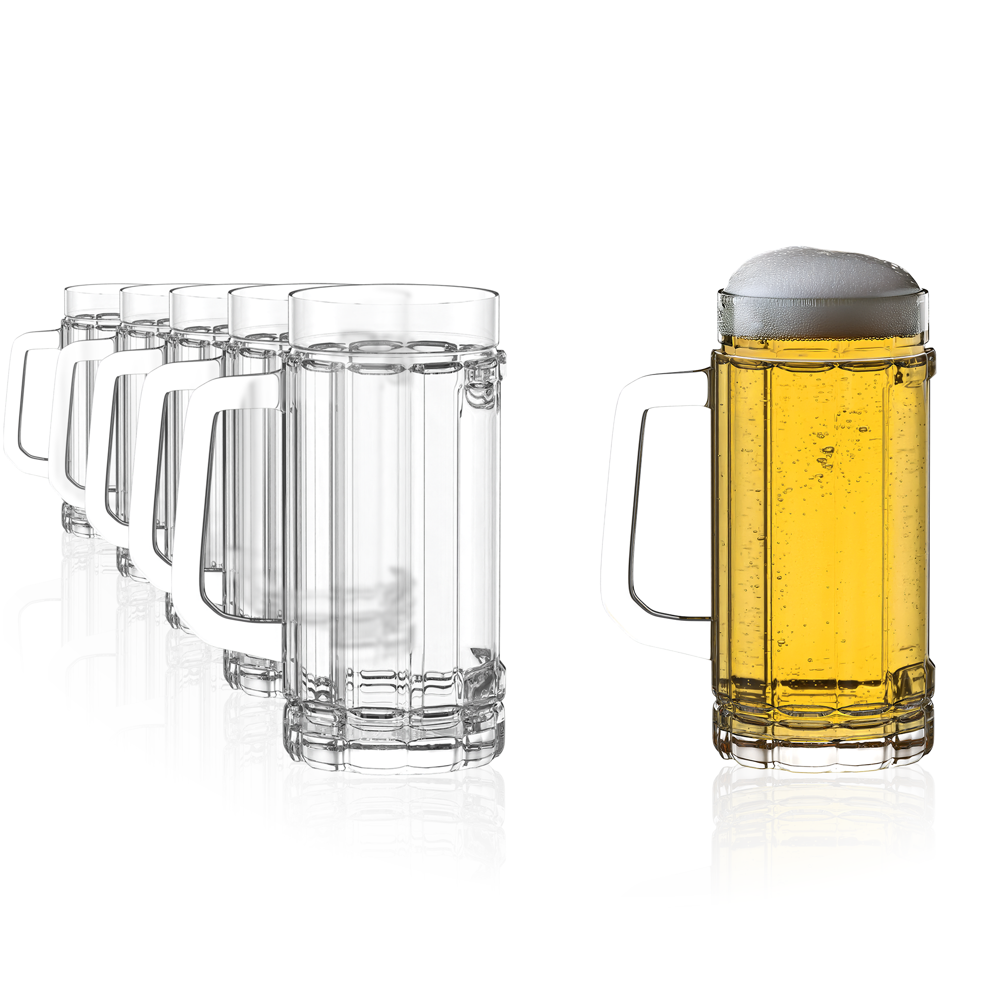 Hochwertige Bierkrüge kaufen: Set aus klaren Bierkrügen mit einem gefüllten Krug und Schaum oben