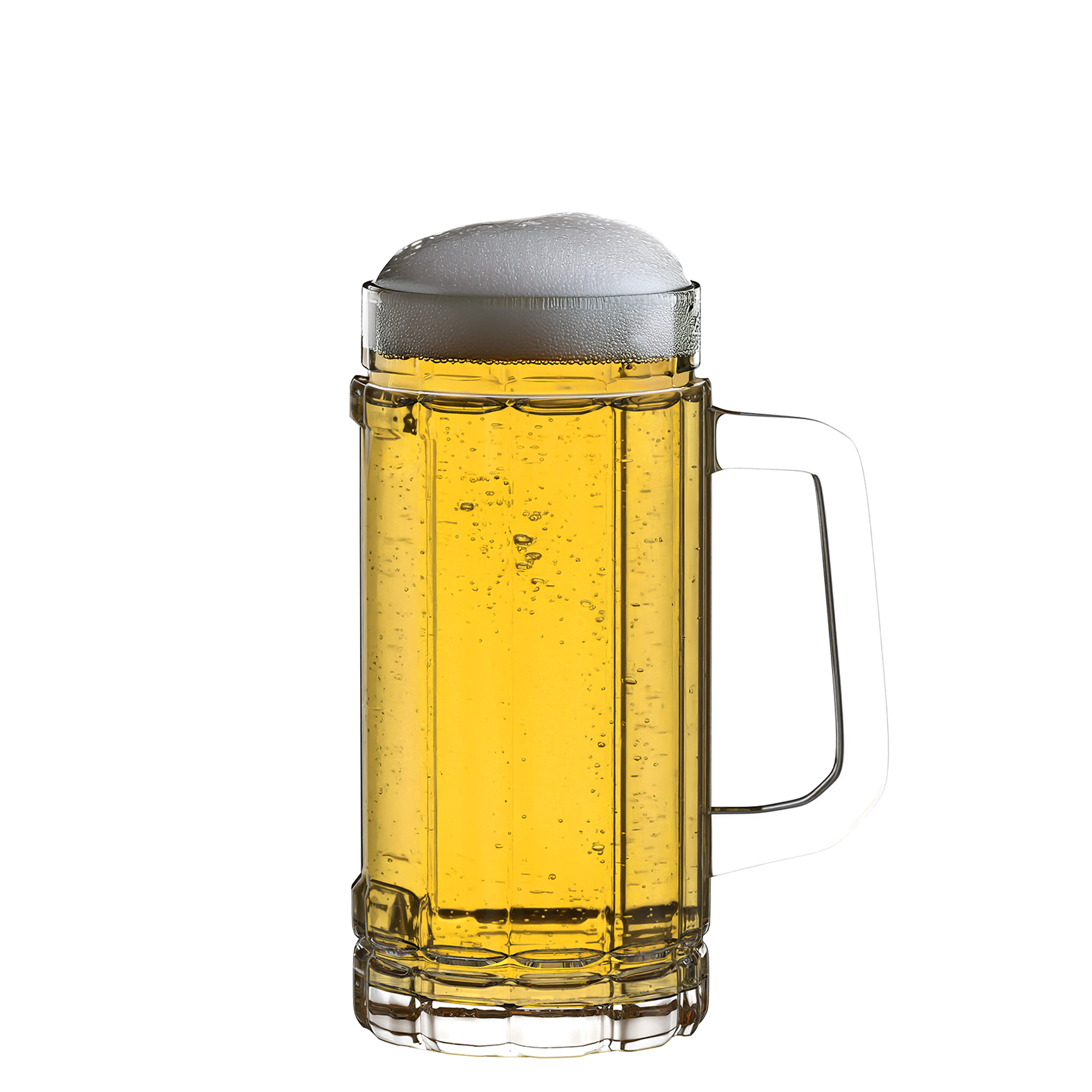 Eleganter, transparenter Bierkrug von Oberglas mit goldenem Bier und Schaumkrone zum Hochwertige Bierkrüge kaufen.