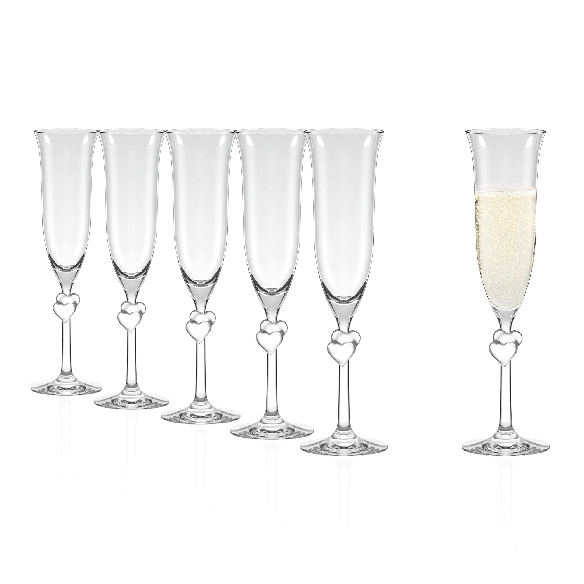 Set aus sechs hochwertigen Champagnergläsern online mit Herzdesign für besondere Anlässe