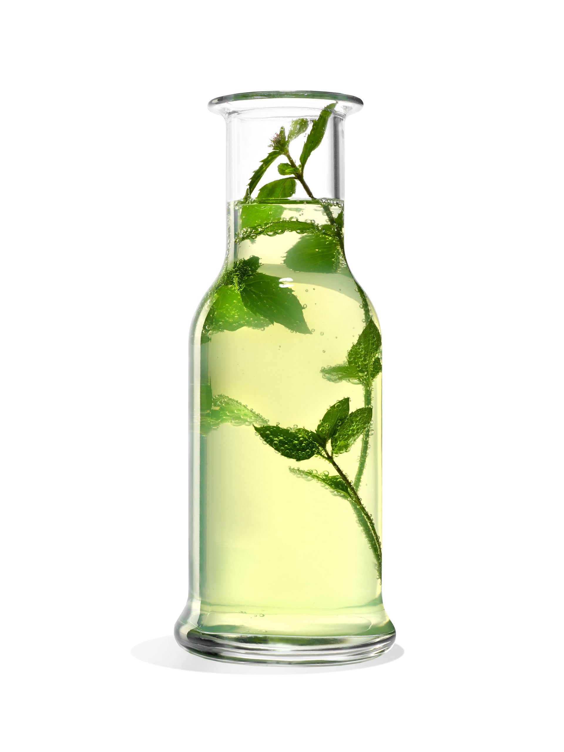 Hochwertige Design Karaffe aus Glas mit erfrischendem Minzwasser und sprudelndem Wasser